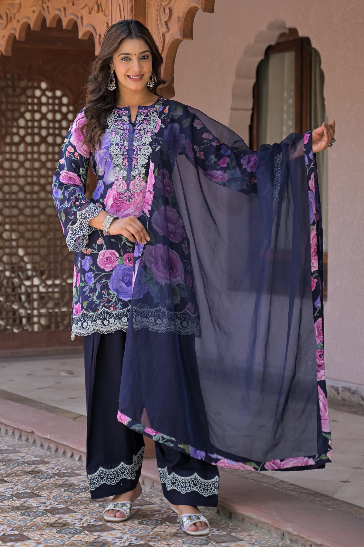 Blue Cotton Embroidered Suit Set With Dupatta
