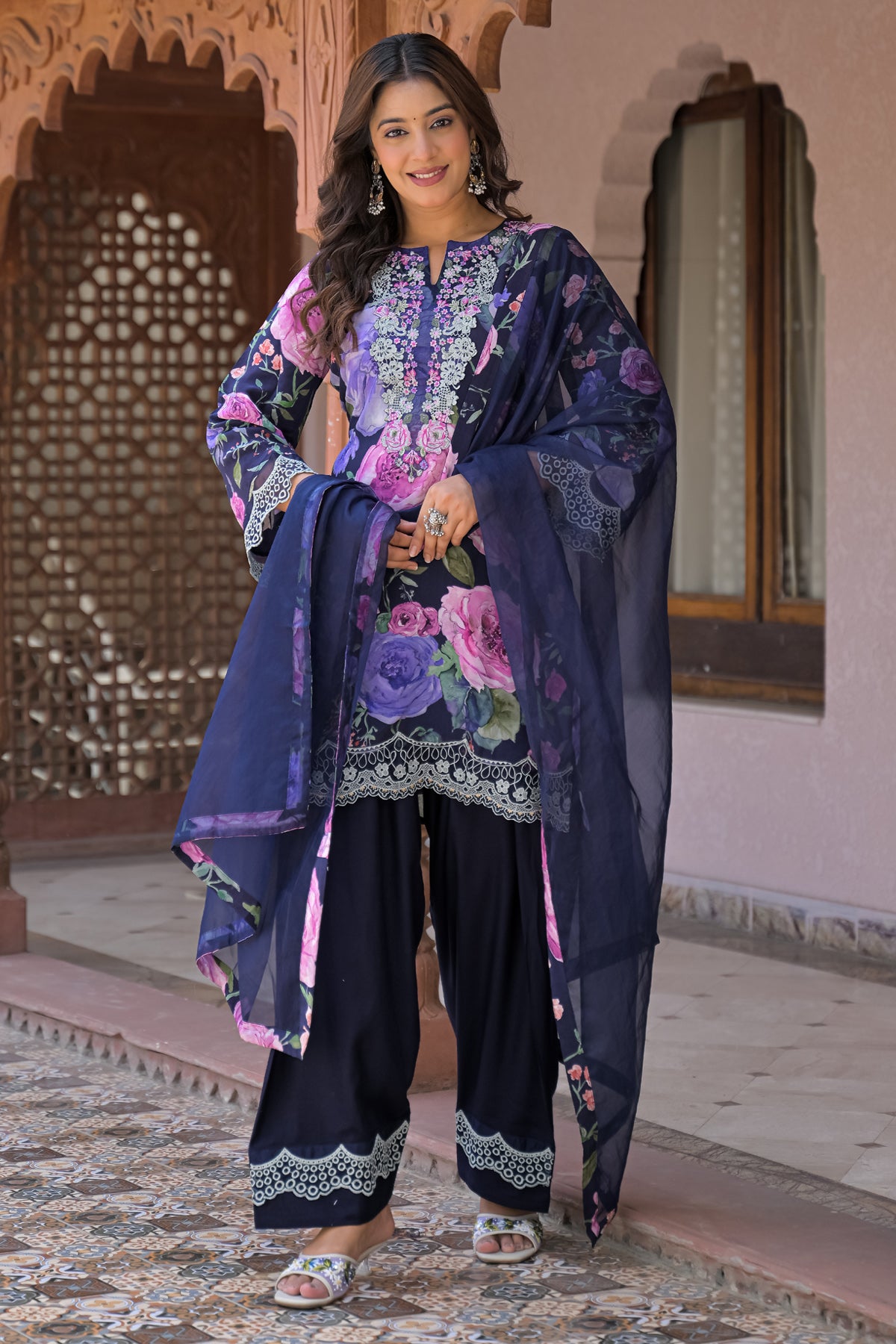 Blue Cotton Embroidered Suit Set With Dupatta