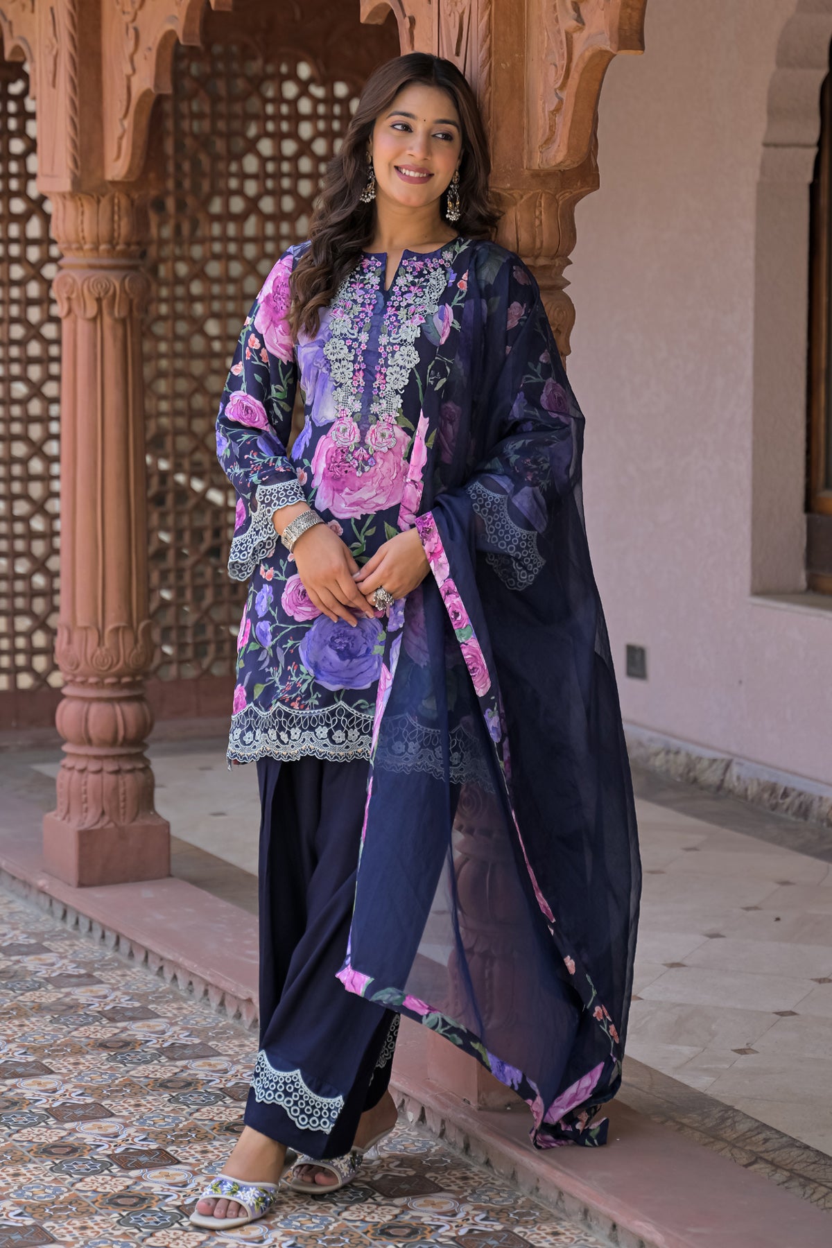 Blue Cotton Embroidered Suit Set With Dupatta