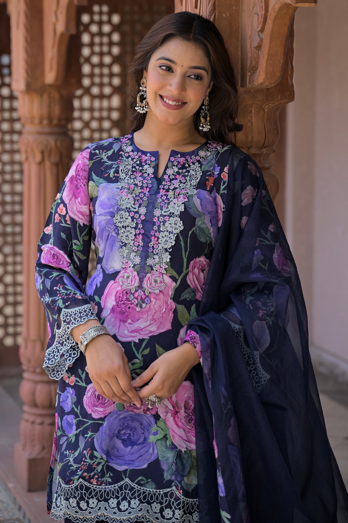 Blue Cotton Embroidered Suit Set With Dupatta