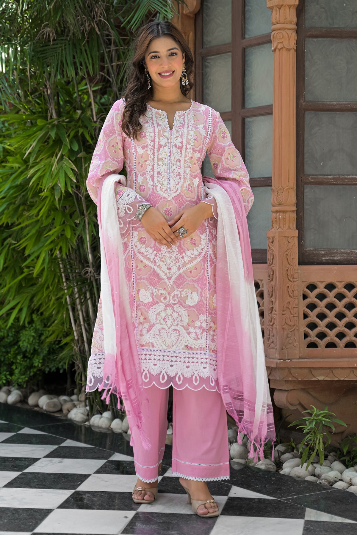 Pink Cotton Embroidered Suit Set With Dupatta