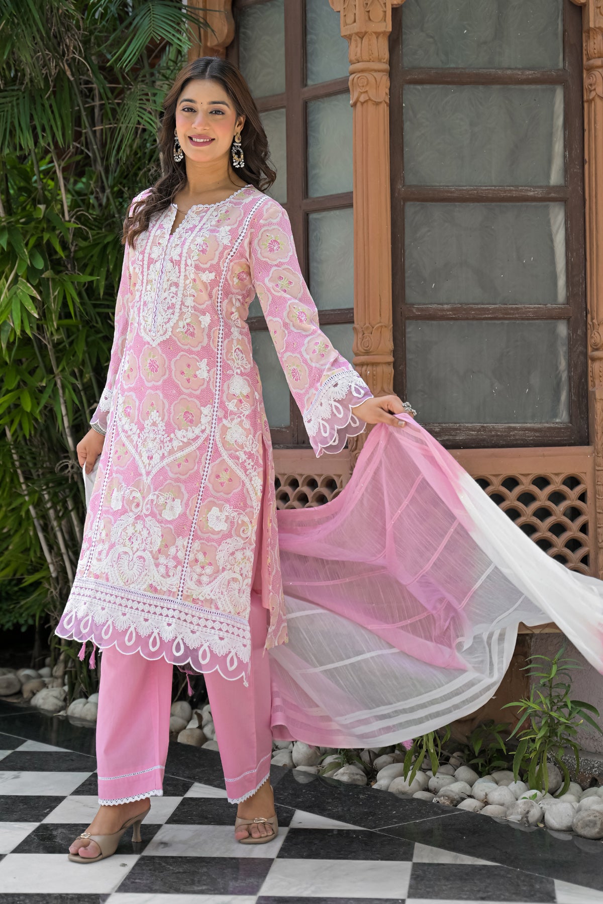 Pink Cotton Embroidered Suit Set With Dupatta