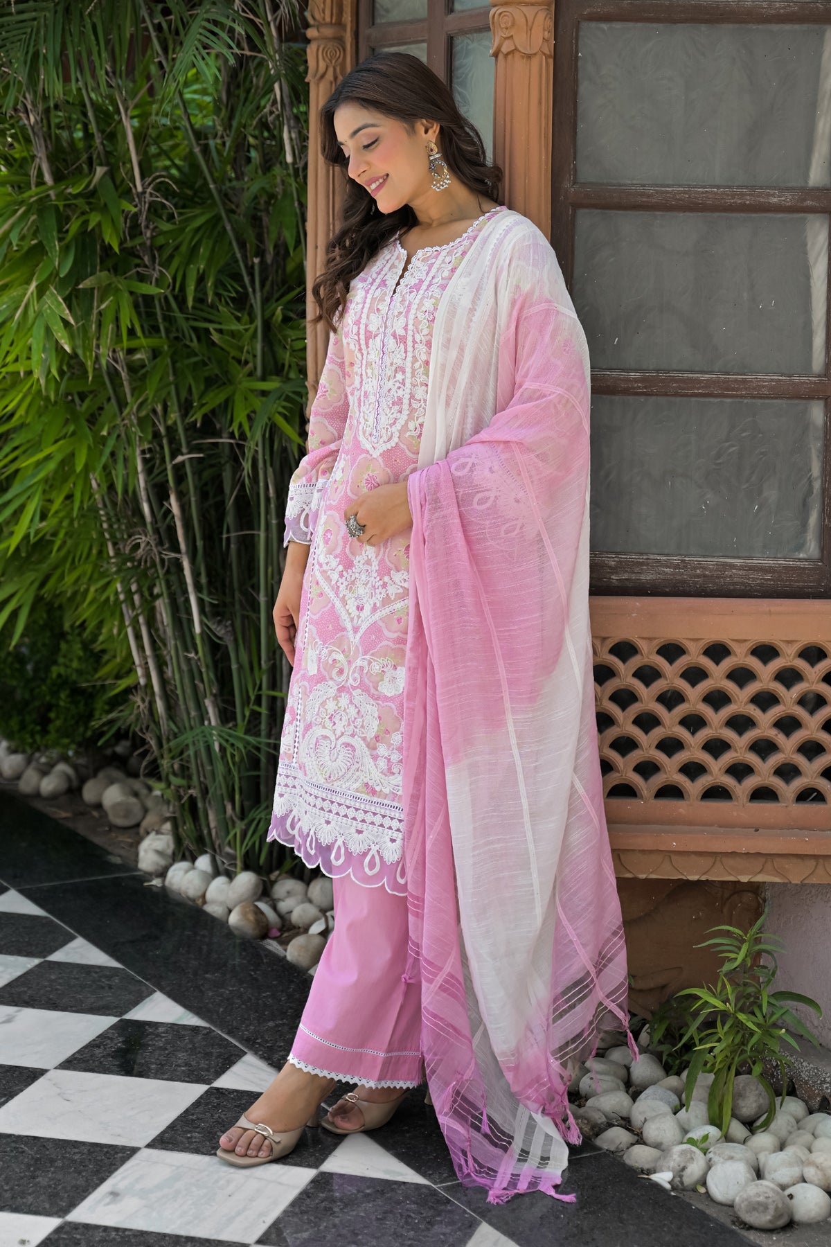 Pink Cotton Embroidered Suit Set With Dupatta