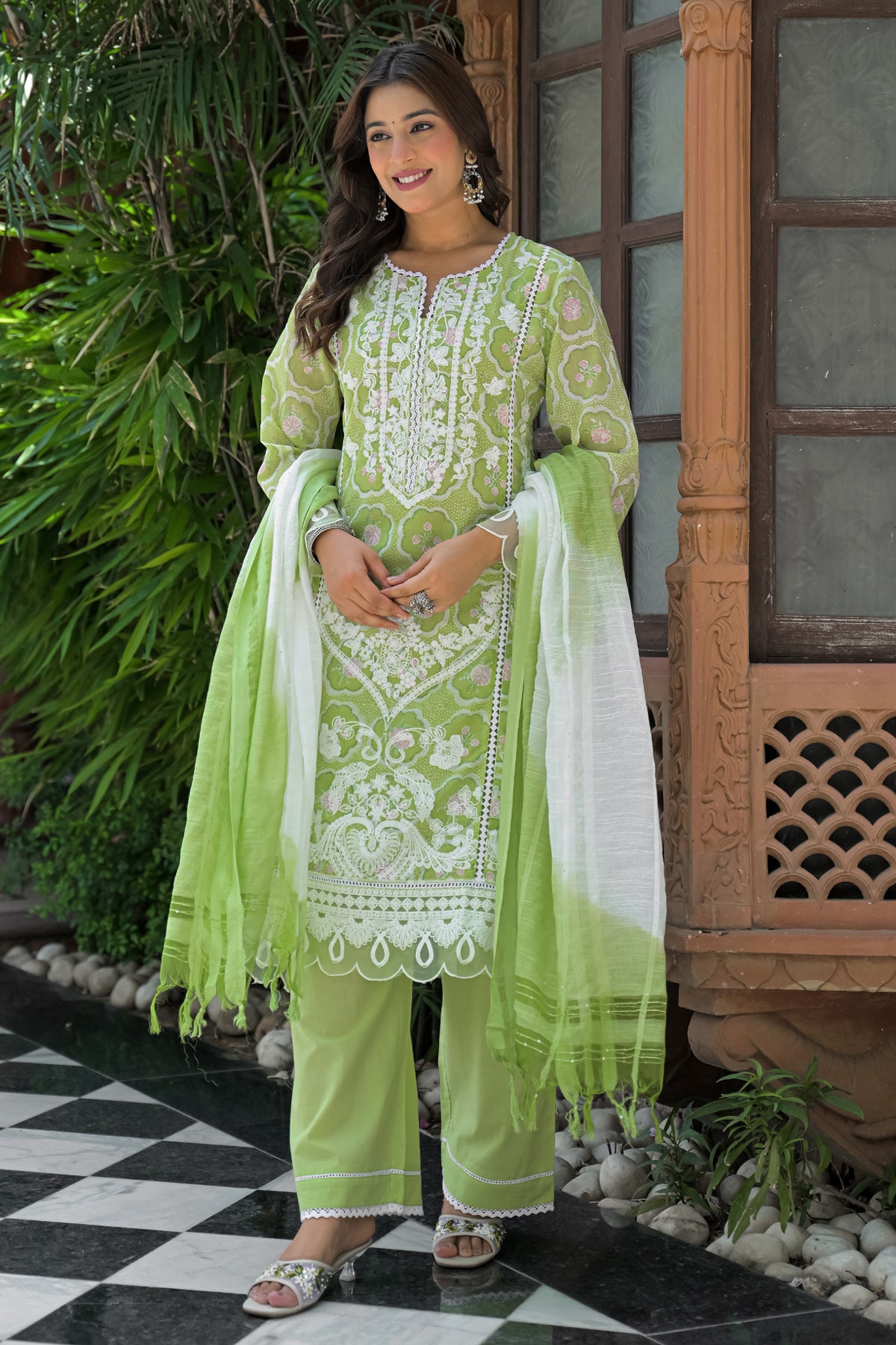 Green Cotton Embroidered Suit Set With Dupatta