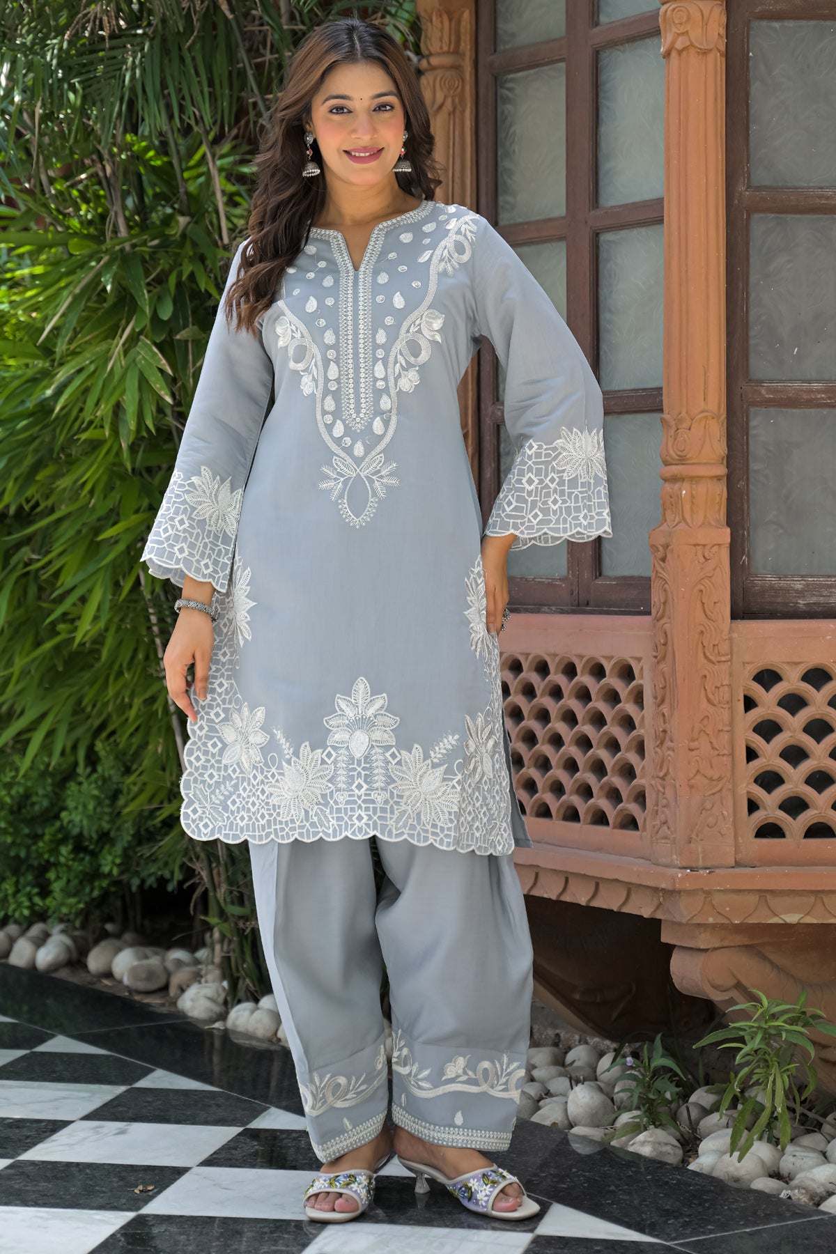 Grey Cotton Embroidered Farsi Suit Set With Dupatta