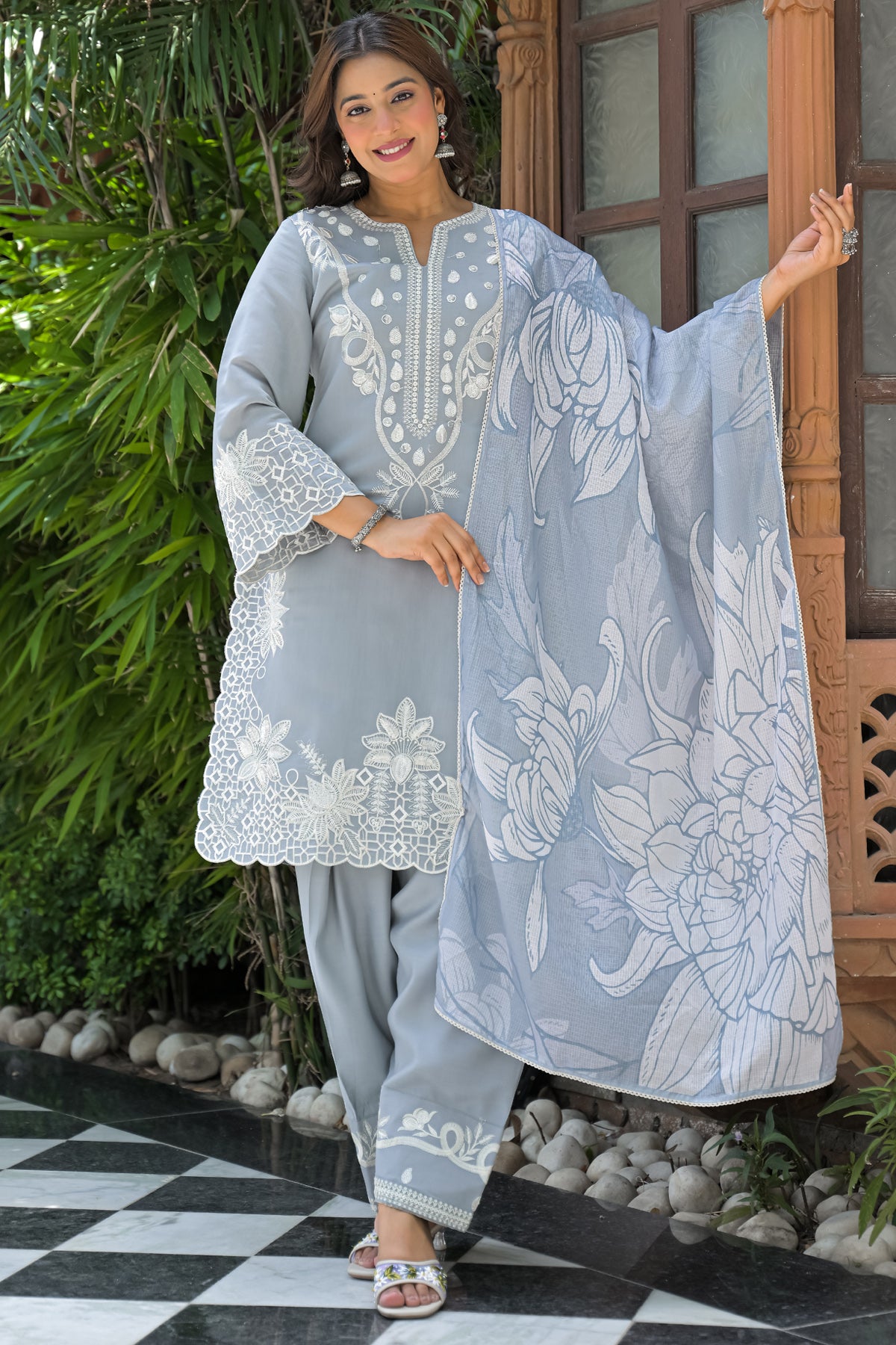Grey Cotton Embroidered Farsi Suit Set With Dupatta