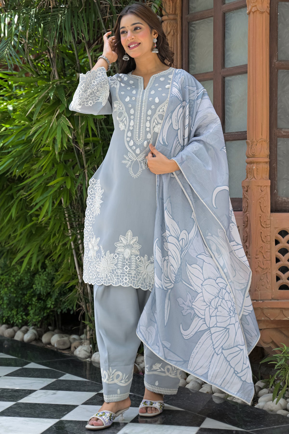Grey Cotton Embroidered Farsi Suit Set With Dupatta