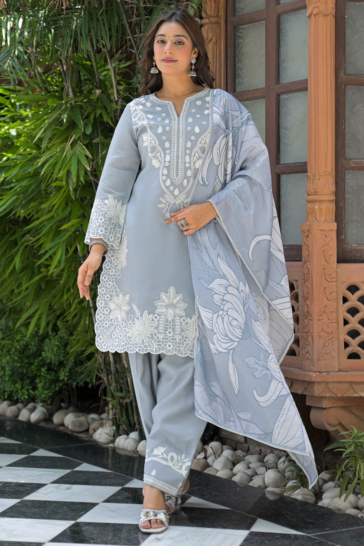 Grey Cotton Embroidered Farsi Suit Set With Dupatta