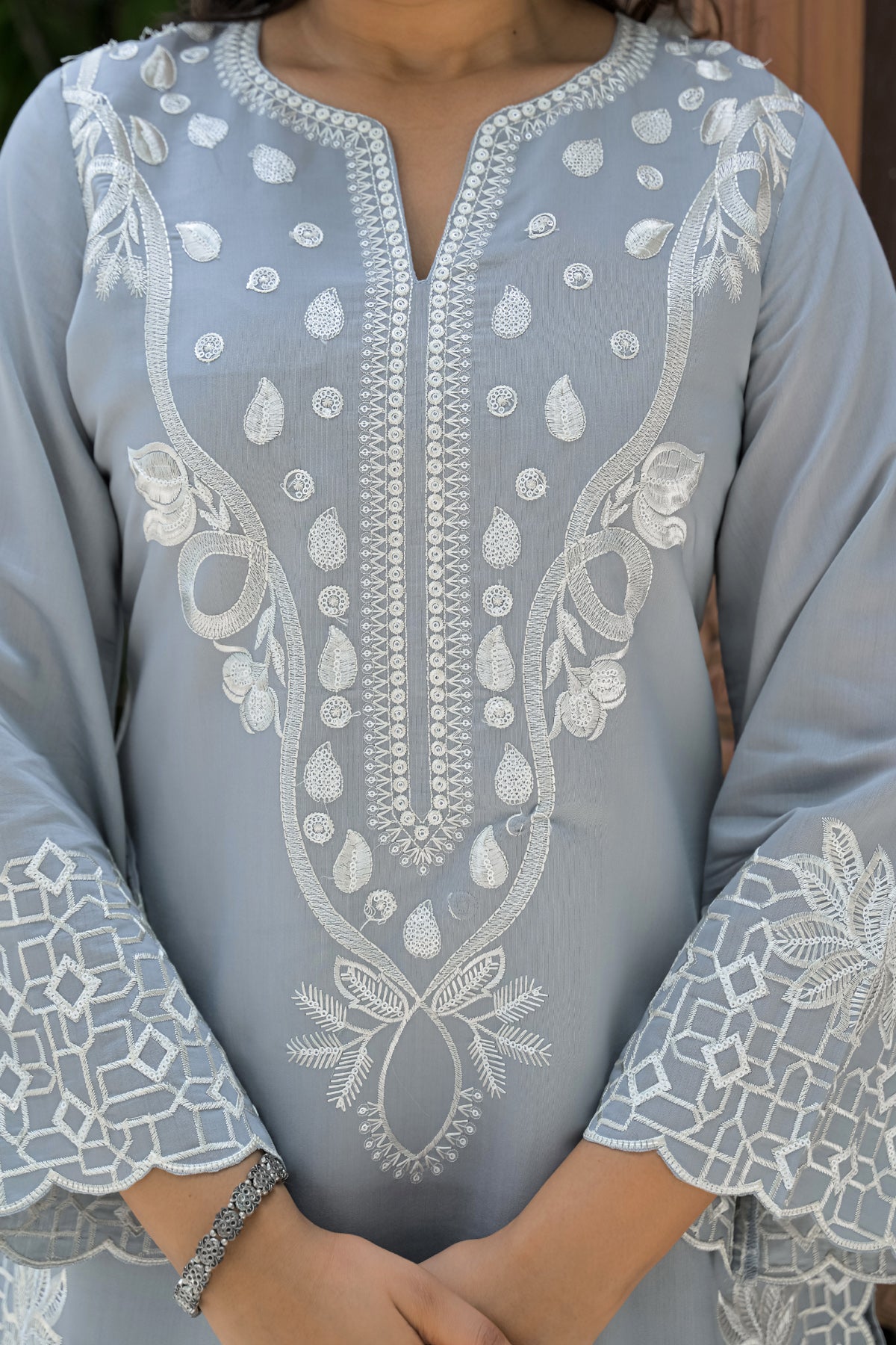 Grey Cotton Embroidered Farsi Suit Set With Dupatta