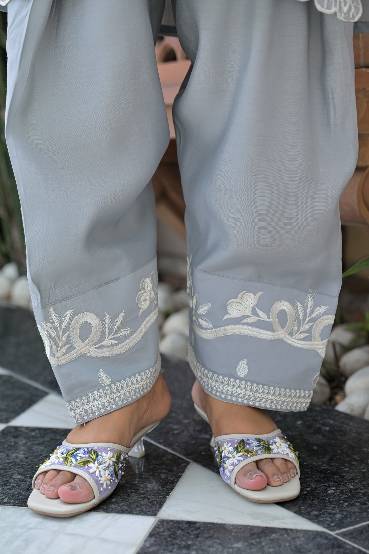 Grey Cotton Embroidered Farsi Suit Set With Dupatta