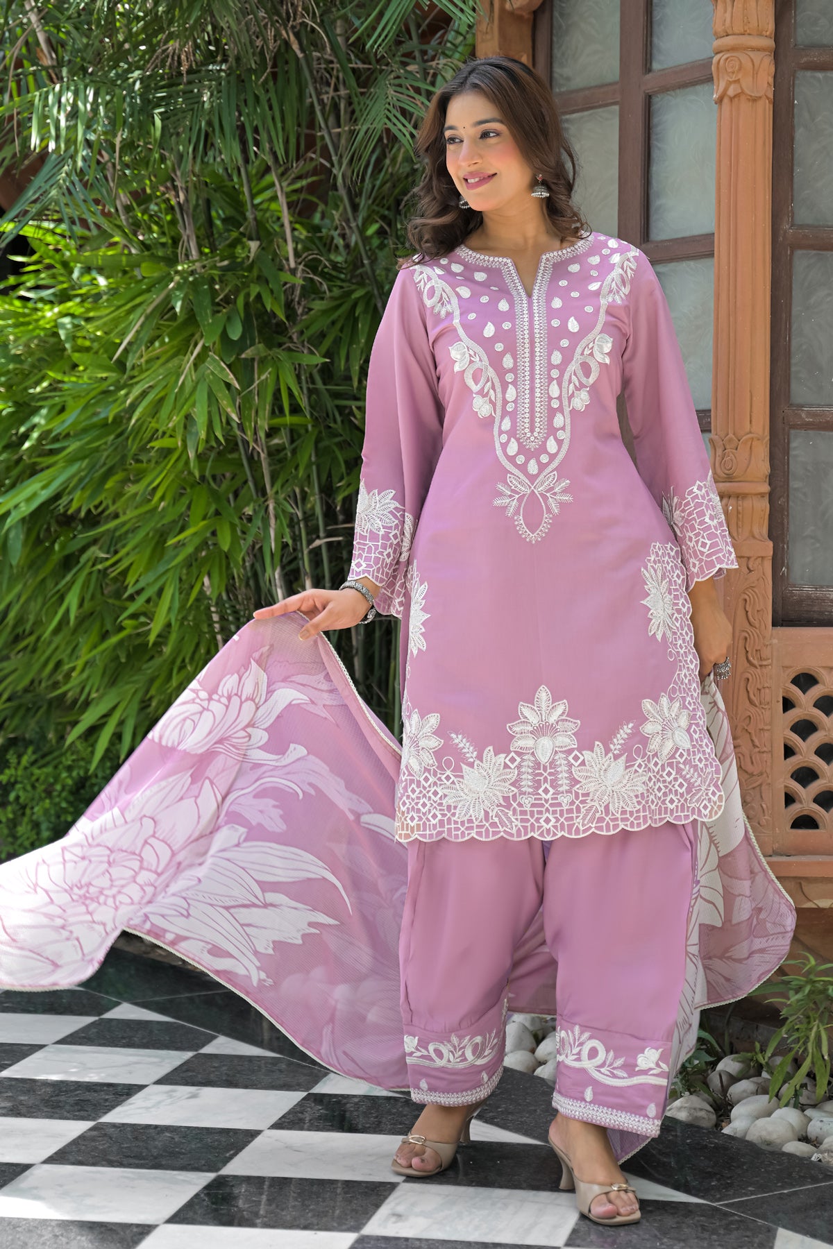 Pink Cotton Embroidered Farsi Suit Set With Dupatta