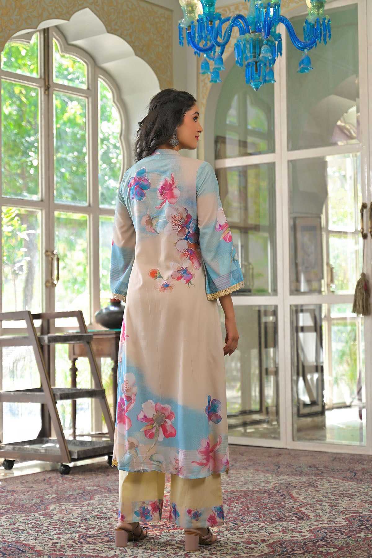 Beige Multicolor Cotton Embroidered A-Line Suit