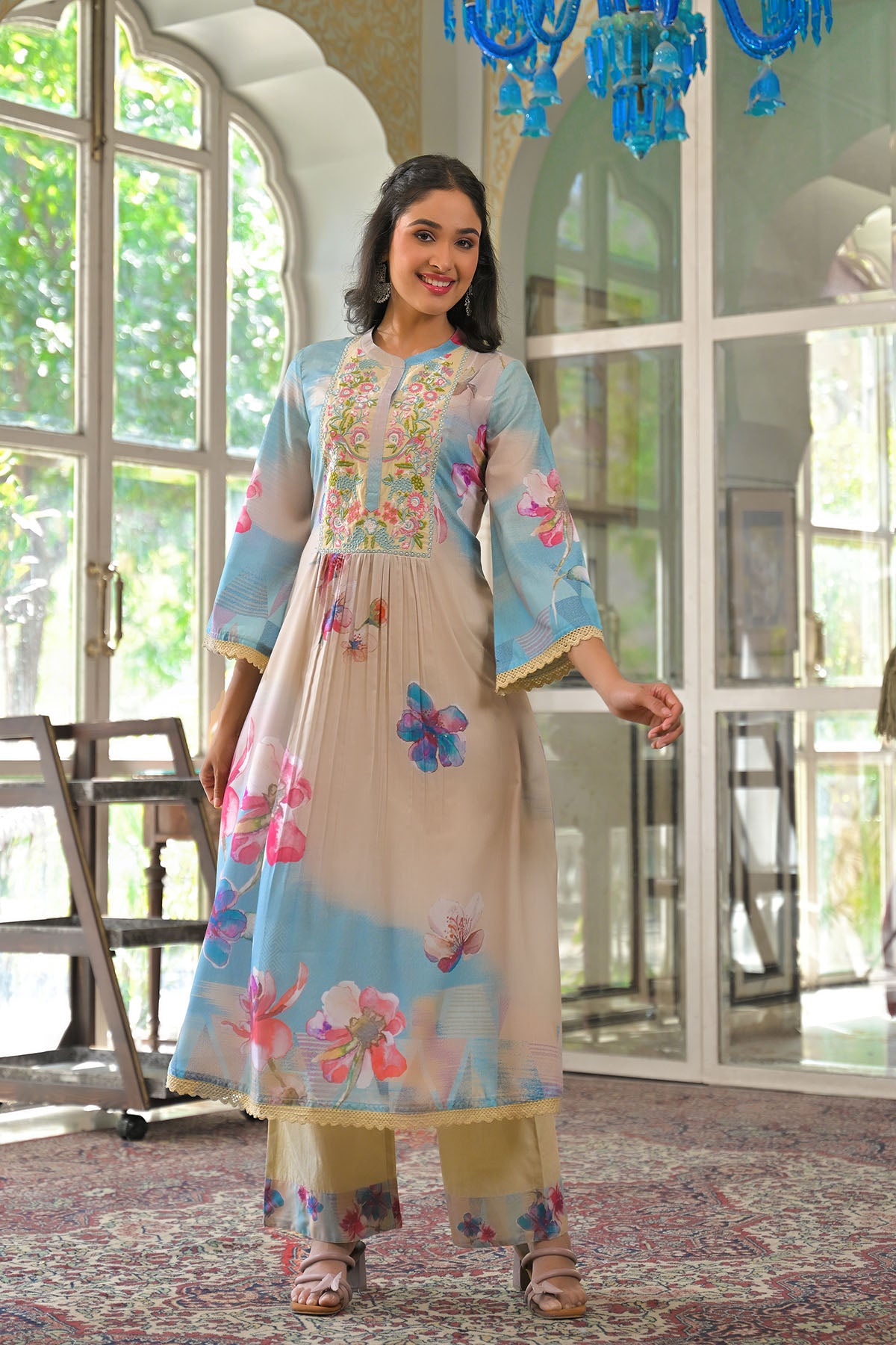 Beige Multicolor Cotton Embroidered A-Line Suit