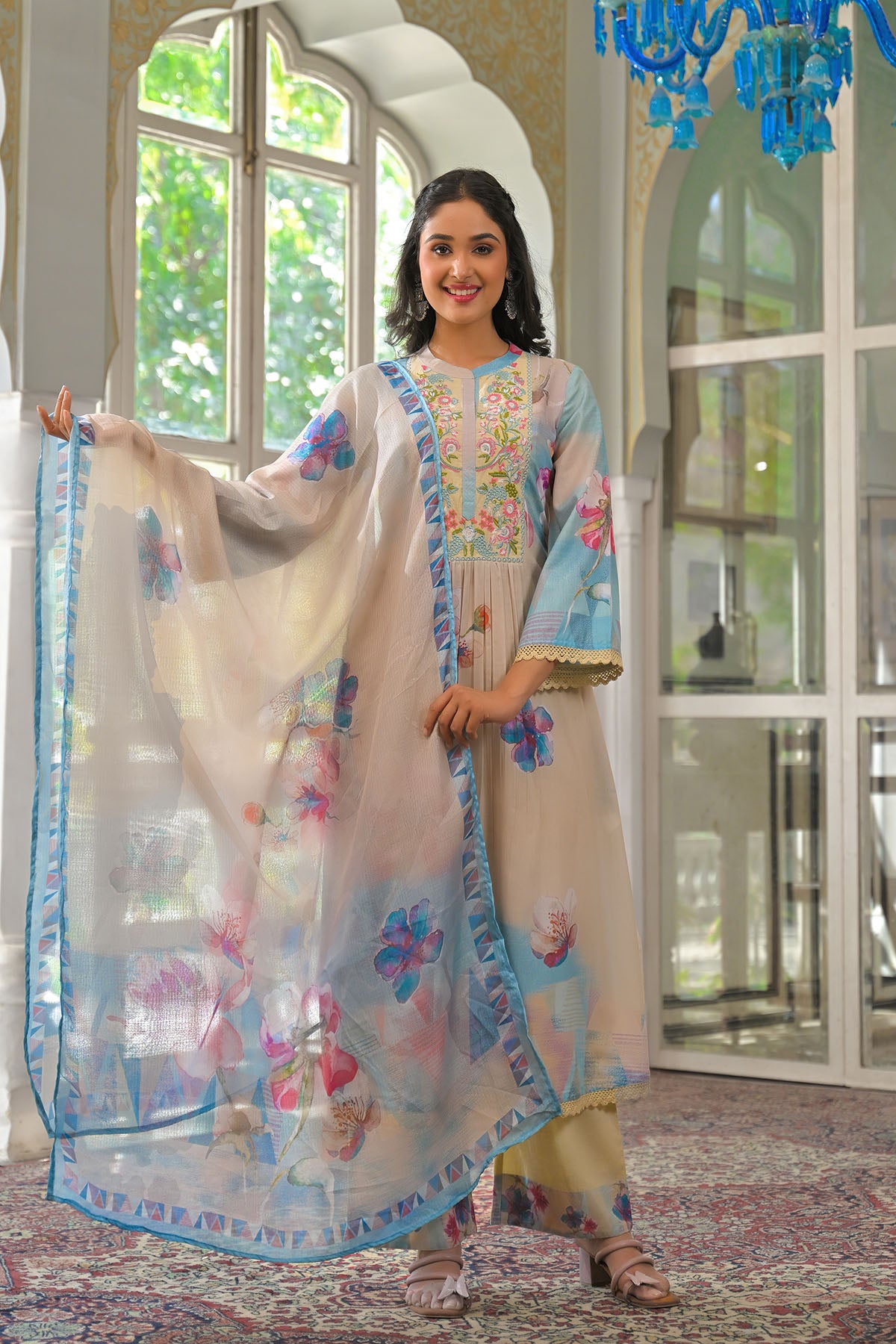 Beige Multicolor Cotton Embroidered A-Line Suit