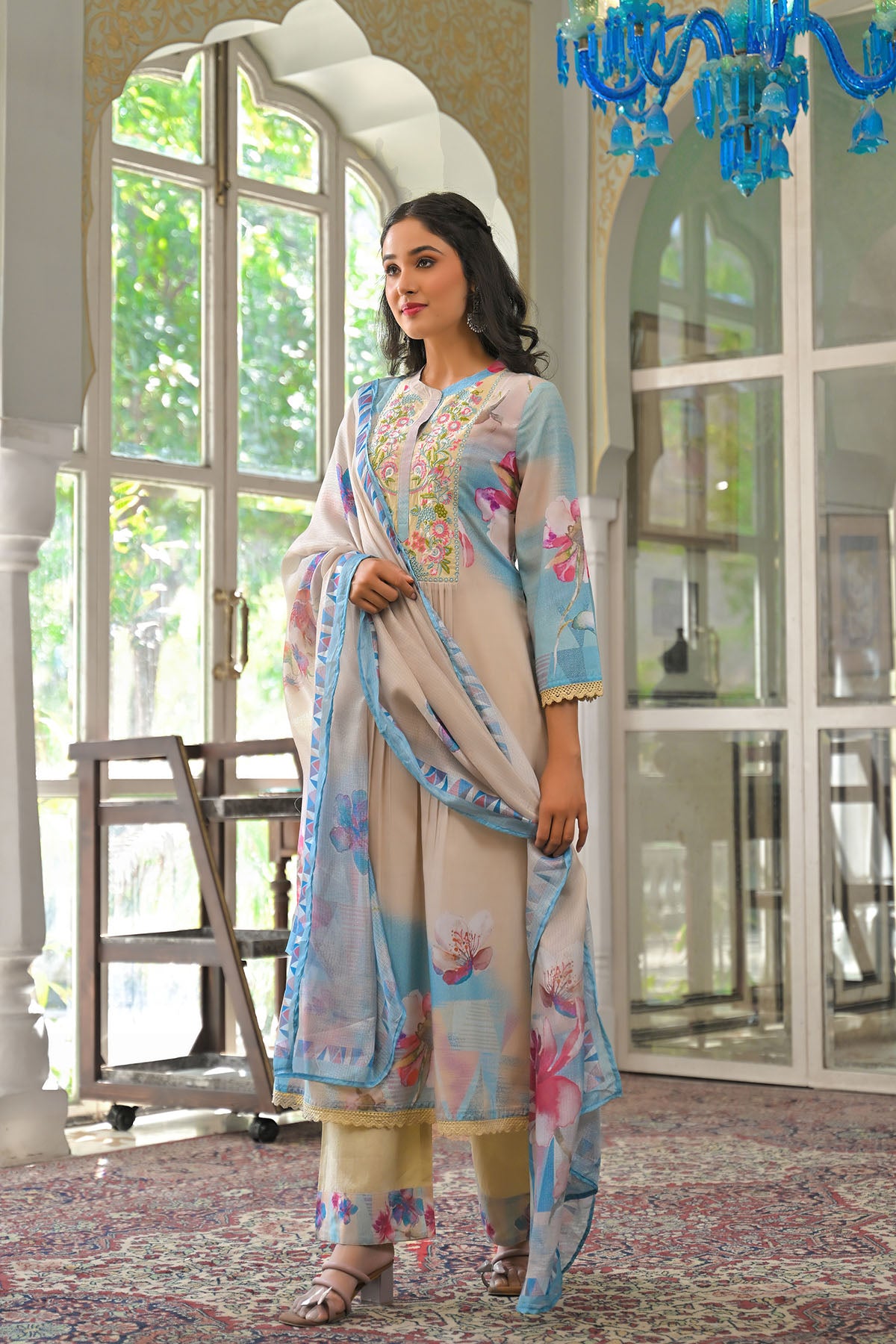 Beige Multicolor Cotton Embroidered A-Line Suit
