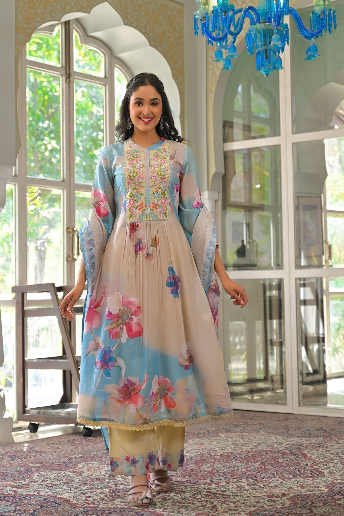 Beige Multicolor Cotton Embroidered A-Line Suit