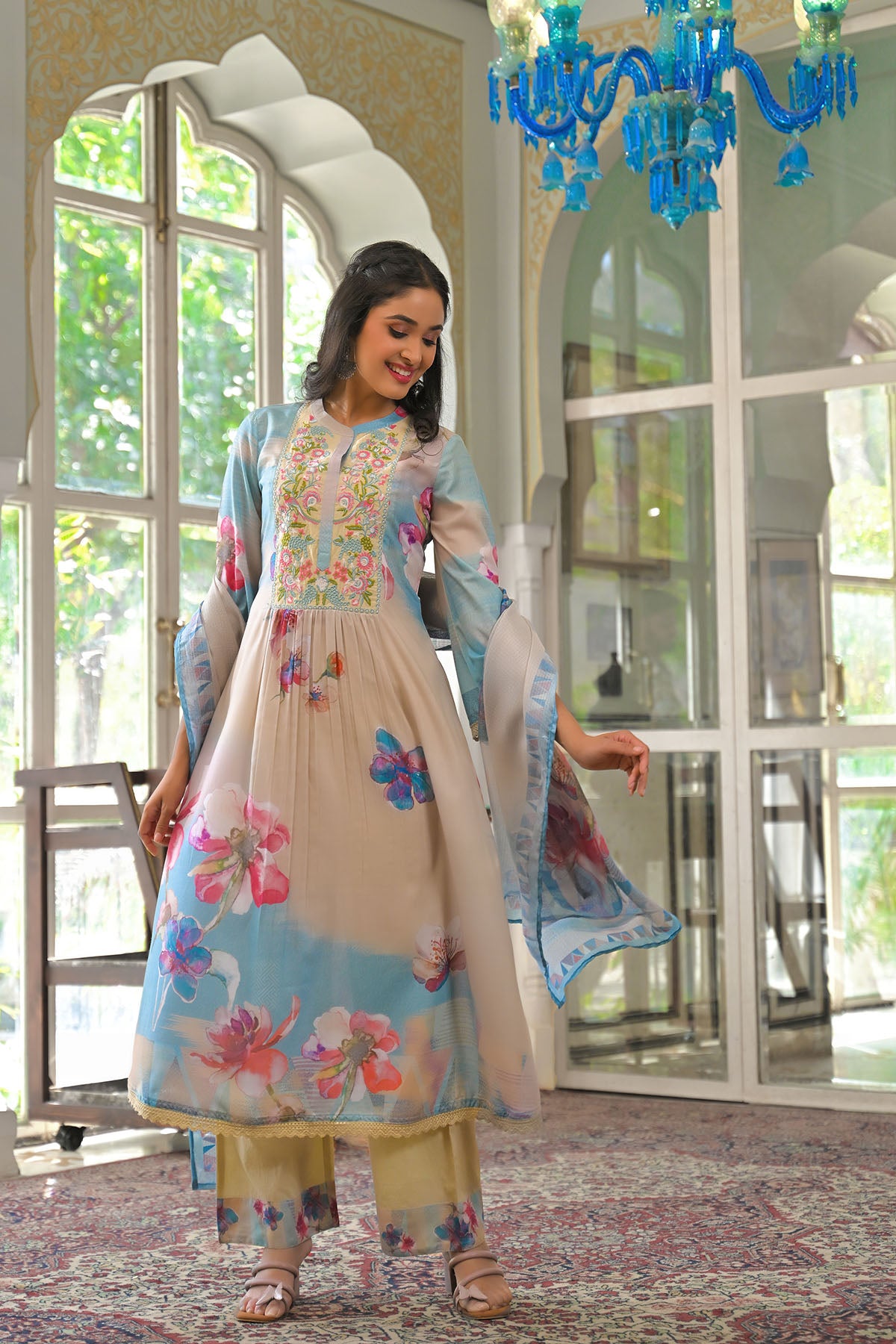 Beige Multicolor Cotton Embroidered A-Line Suit