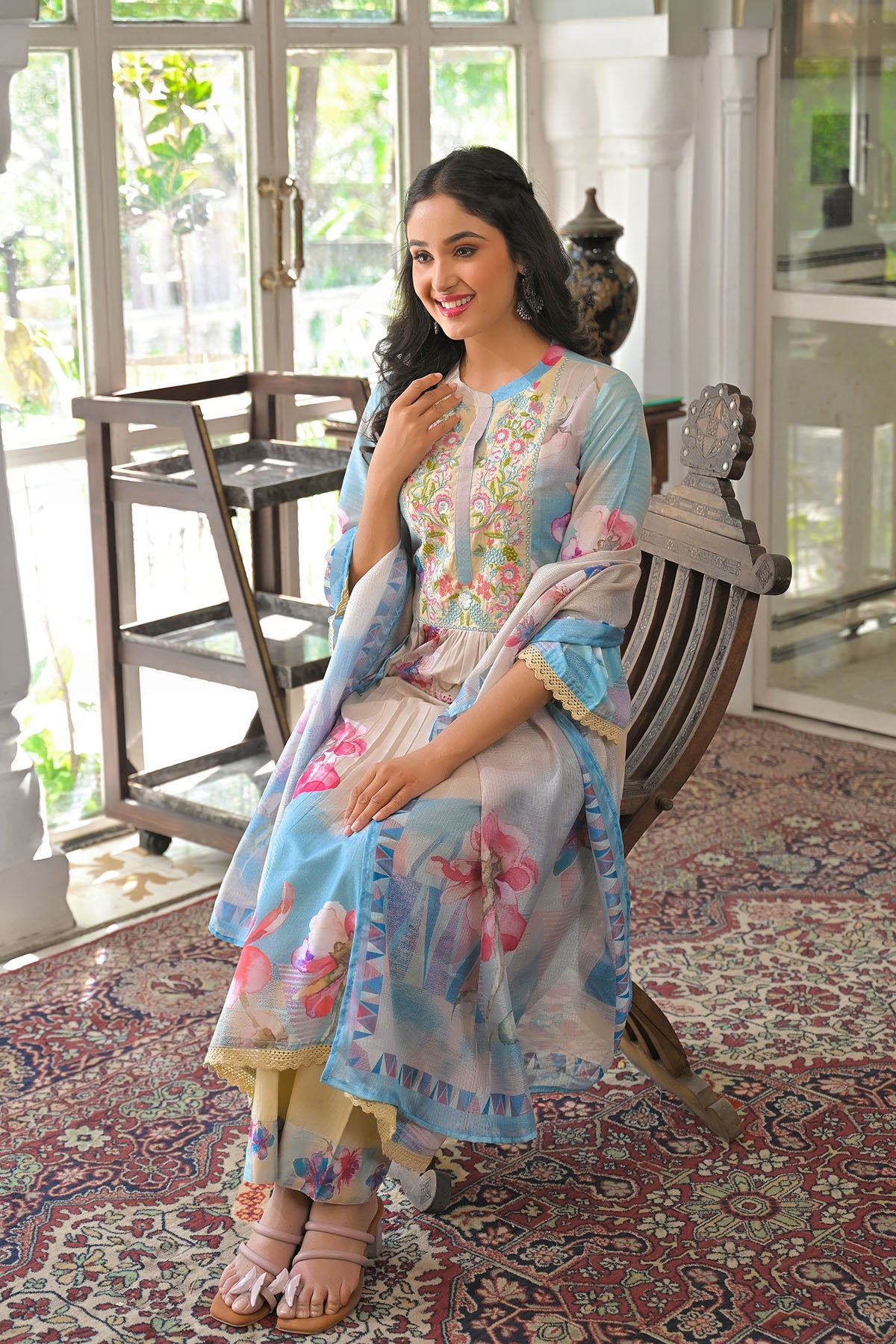 Beige Multicolor Cotton Embroidered A-Line Suit