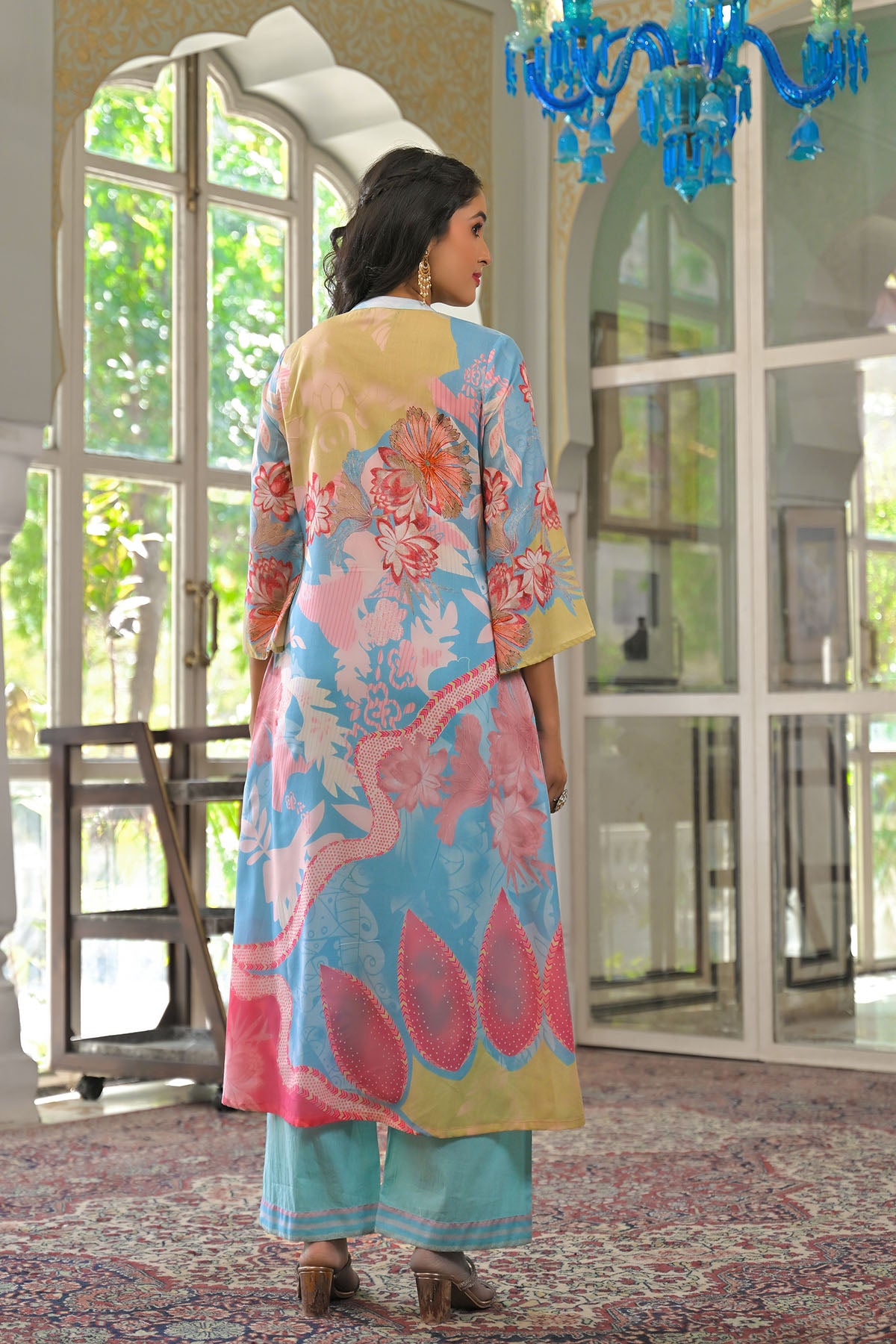 Blue Multicolor Cotton Embroidered A-Line Suit