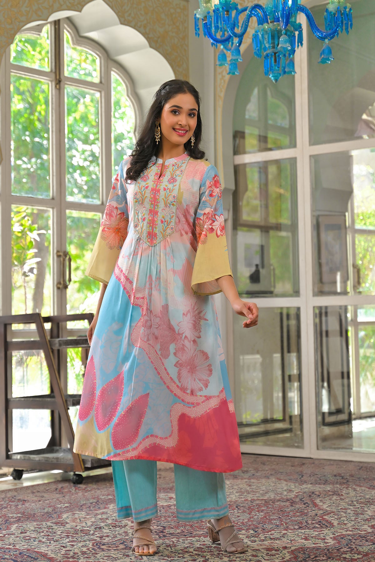 Blue Multicolor Cotton Embroidered A-Line Suit