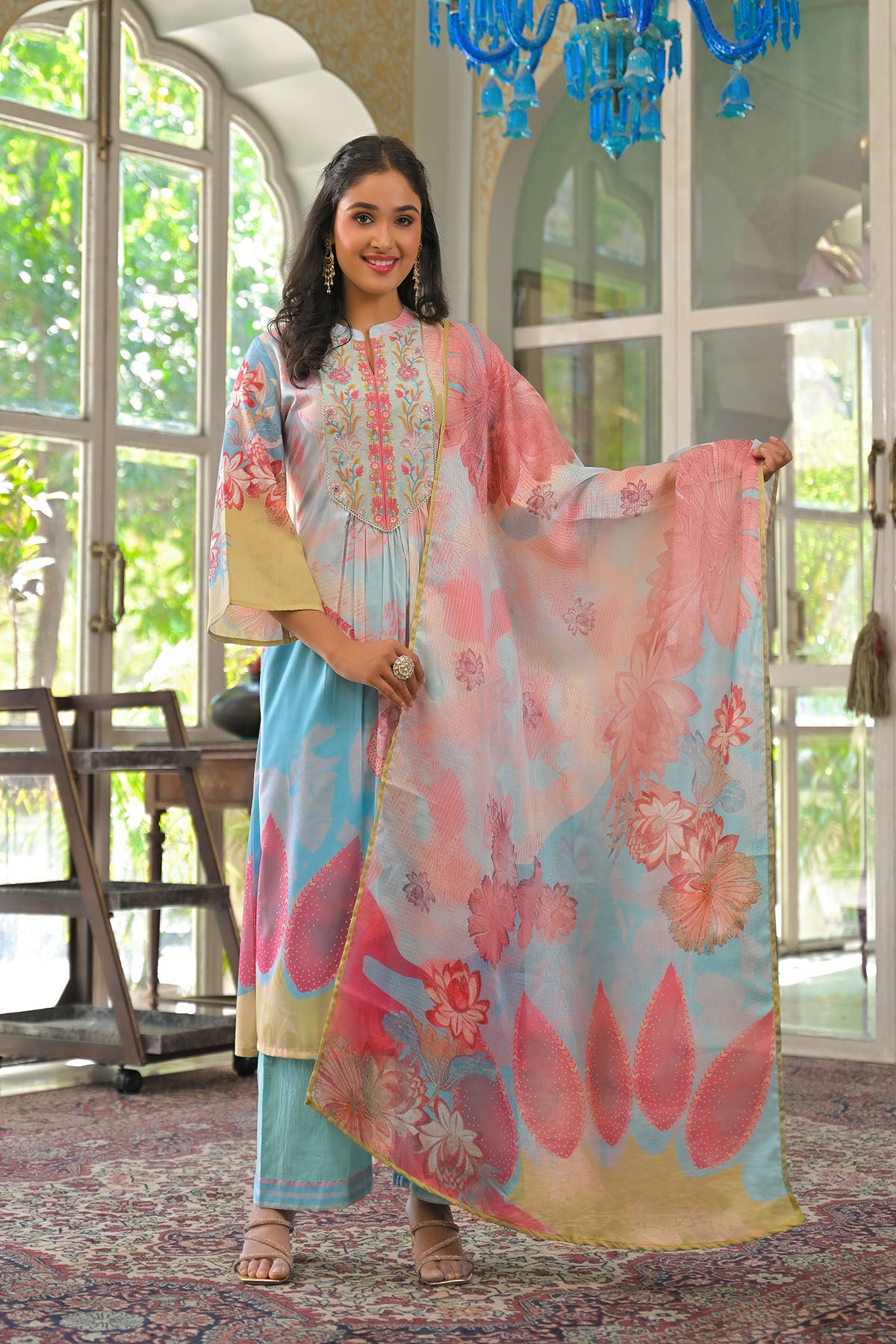 Blue Multicolor Cotton Embroidered A-Line Suit