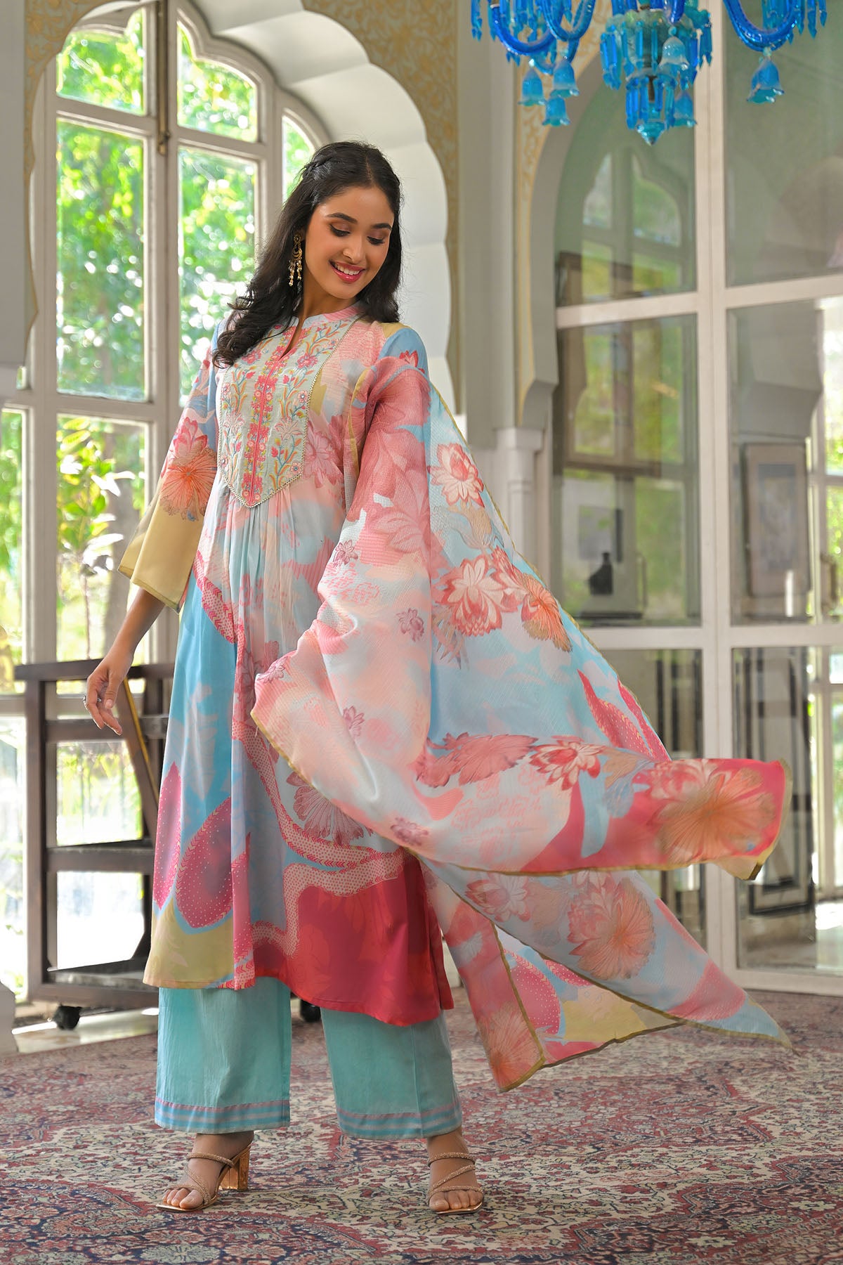 Blue Multicolor Cotton Embroidered A-Line Suit