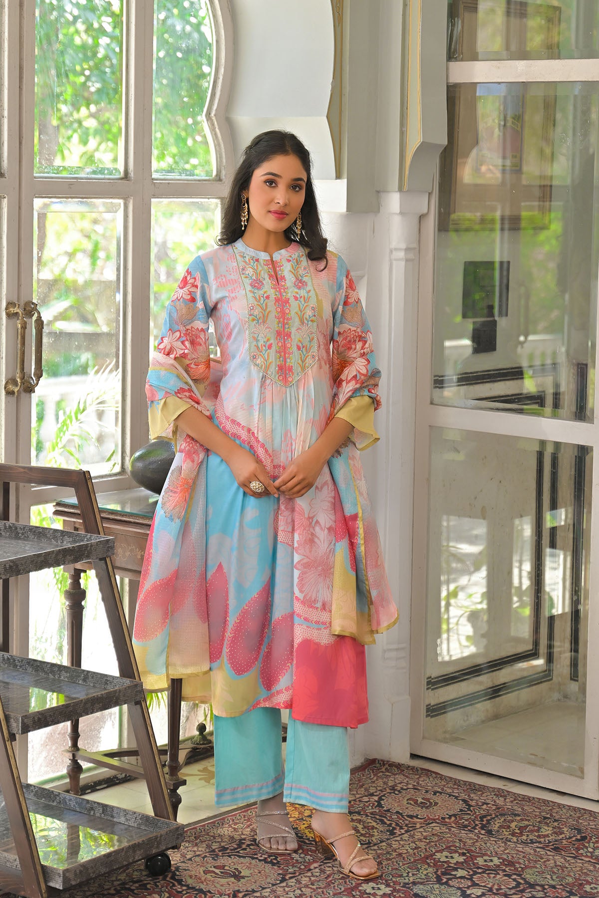Blue Multicolor Cotton Embroidered A-Line Suit
