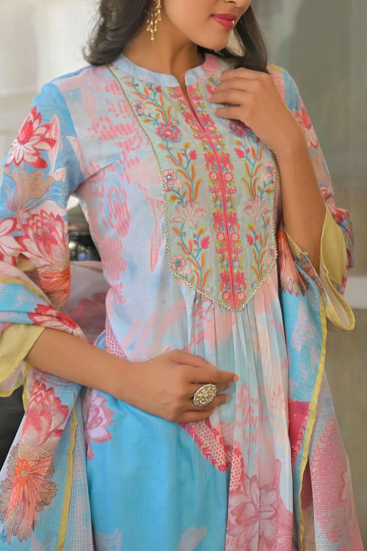 Blue Multicolor Cotton Embroidered A-Line Suit