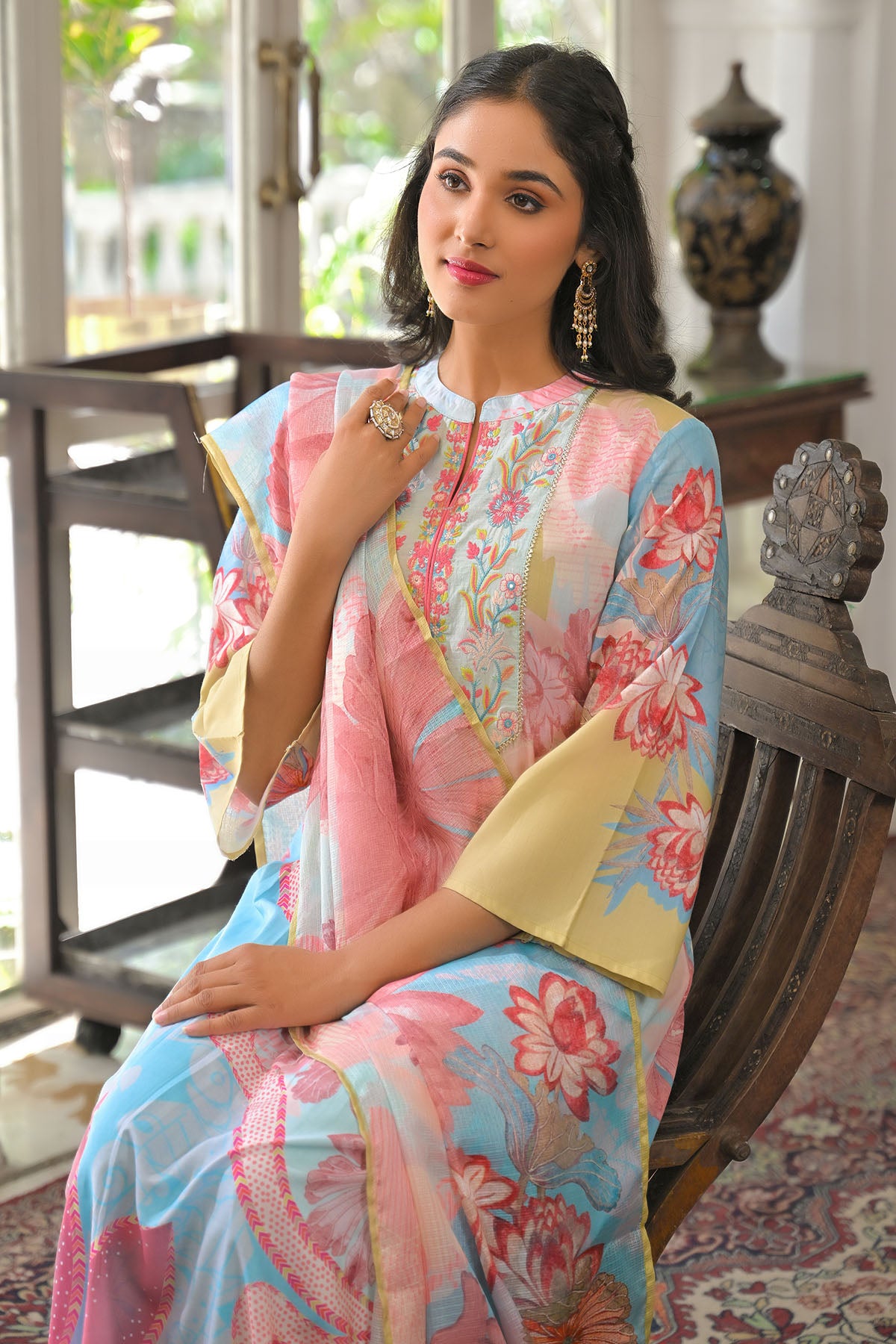 Blue Multicolor Cotton Embroidered A-Line Suit