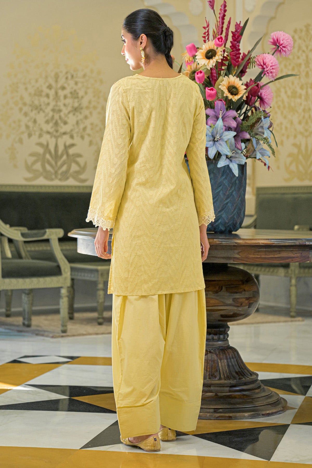 Yellow Cotton Handwork Suit Set With Dupatta