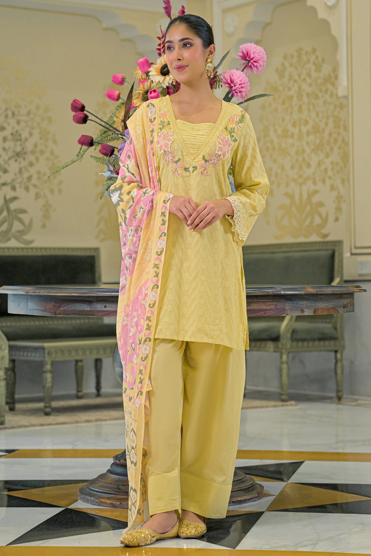 Yellow Cotton Handwork Suit Set With Dupatta