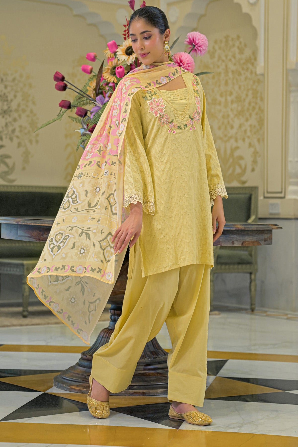 Yellow Cotton Handwork Suit Set With Dupatta