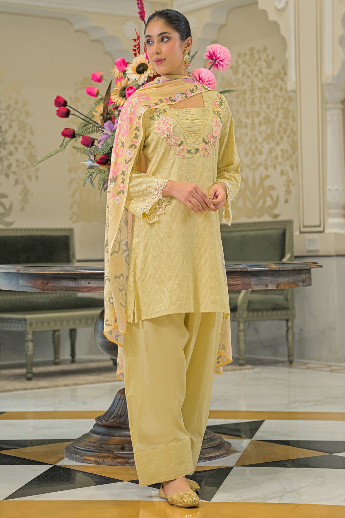 Yellow Cotton Handwork Suit Set With Dupatta