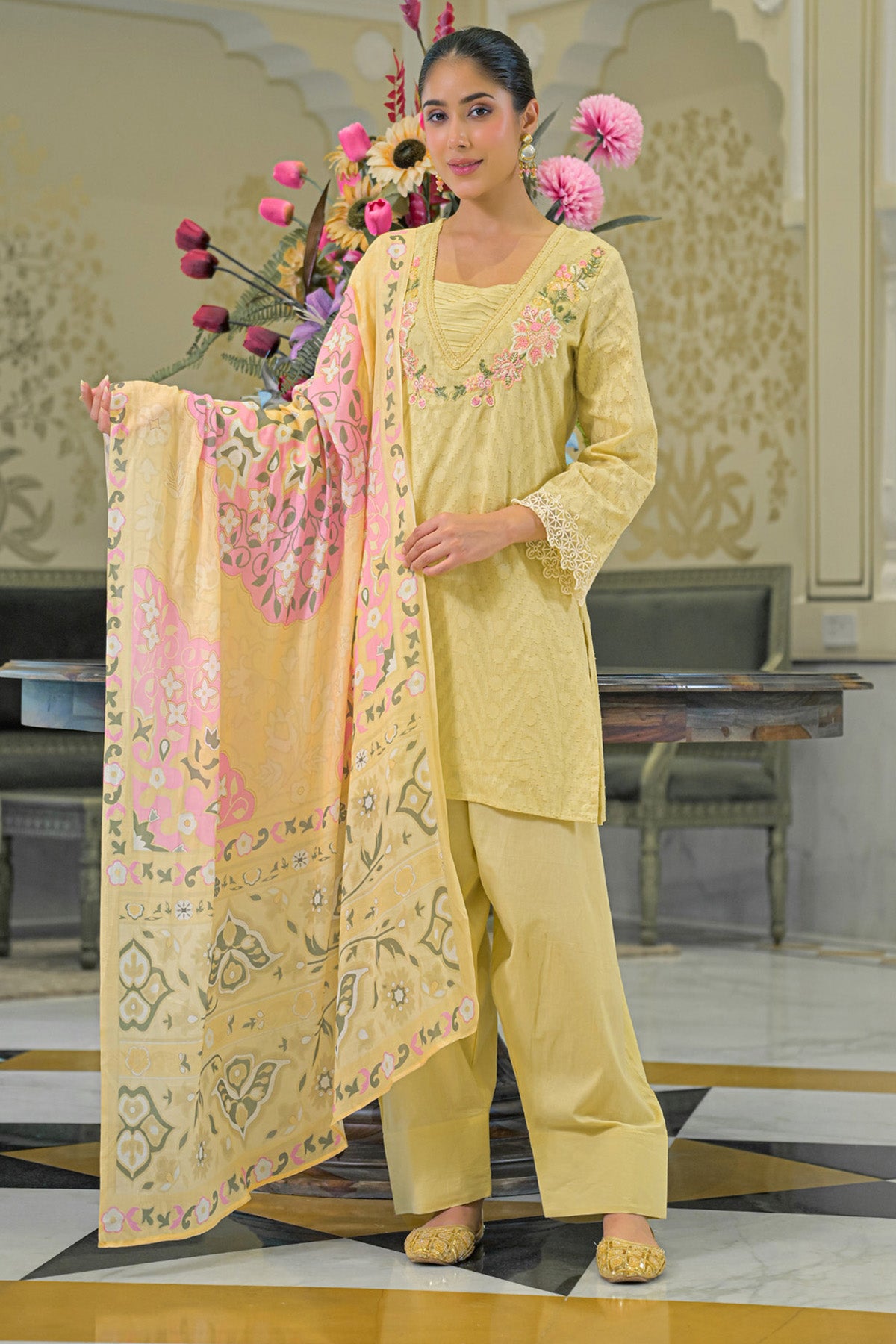 Yellow Cotton Handwork Suit Set With Dupatta