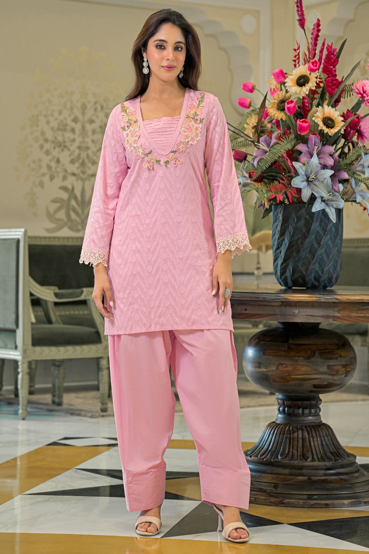 Pink Cotton Handwork Suit Set With Dupatta