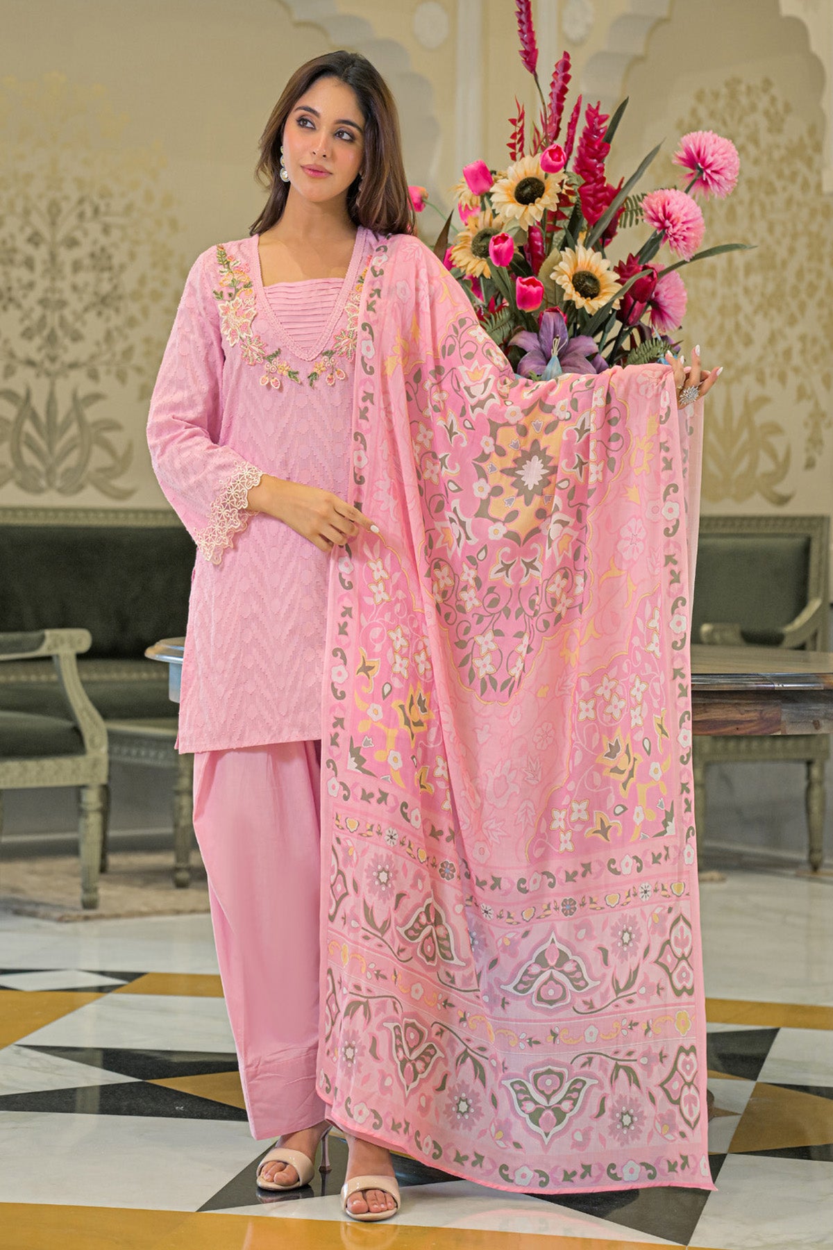 Pink Cotton Handwork Suit Set With Dupatta