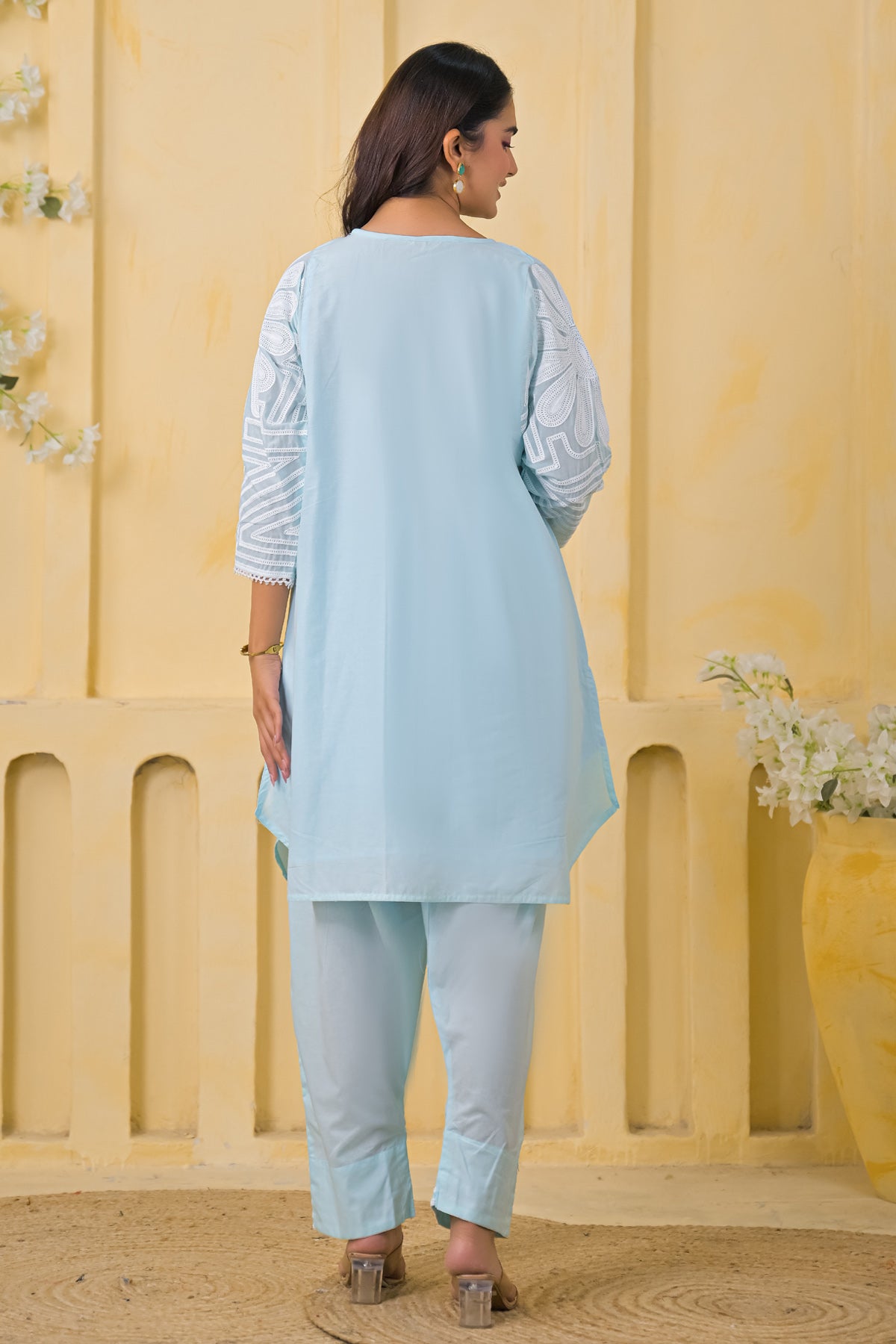 Blue Cotton Embroidered Farsi Suit Set With Dupatta