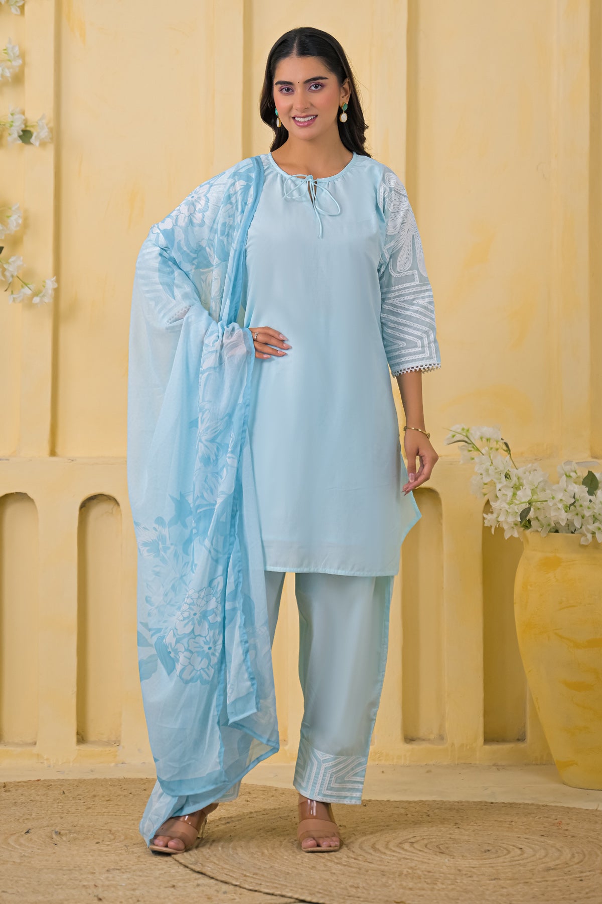 Blue Cotton Embroidered Farsi Suit Set With Dupatta