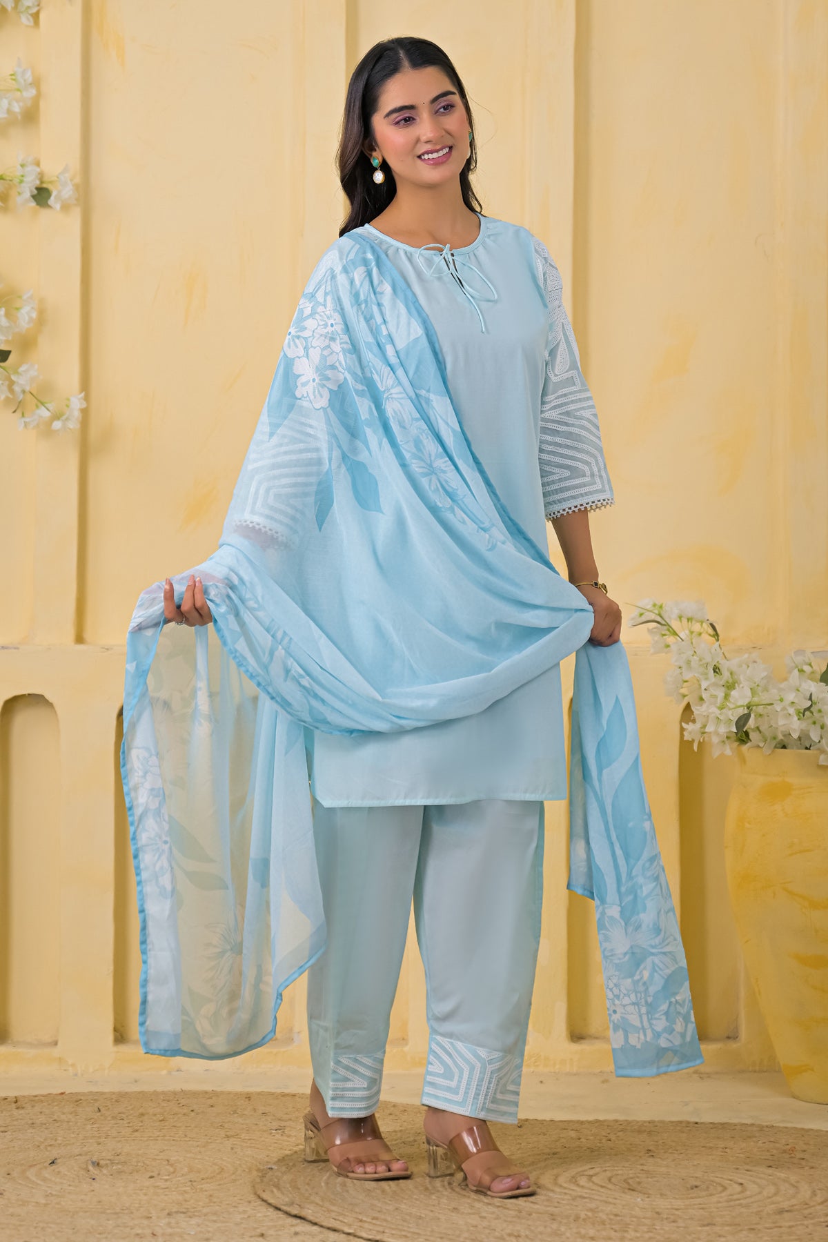 Blue Cotton Embroidered Farsi Suit Set With Dupatta