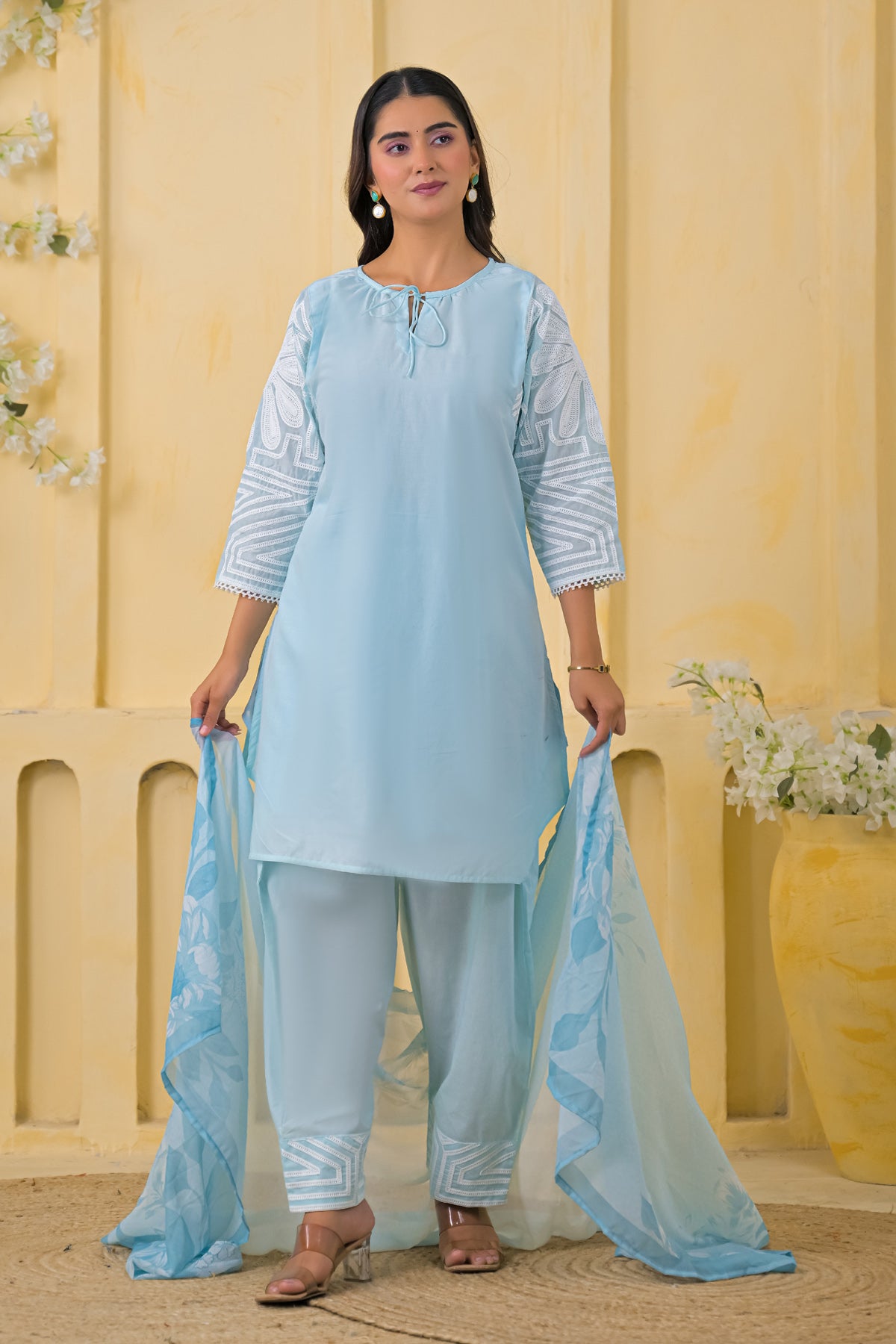 Blue Cotton Embroidered Farsi Suit Set With Dupatta