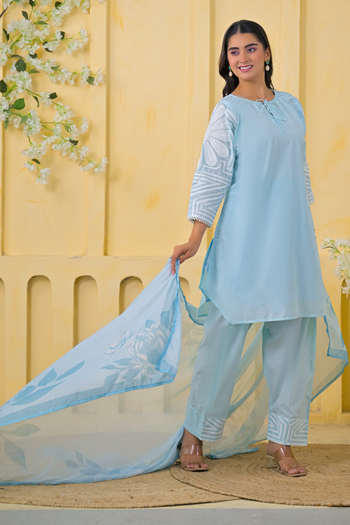 Blue Cotton Embroidered Farsi Suit Set With Dupatta