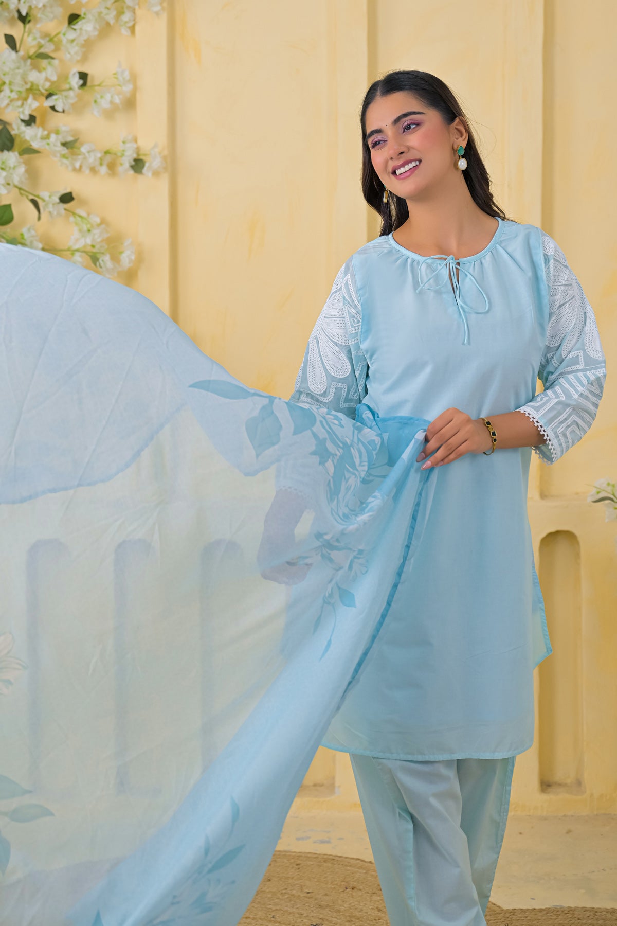Blue Cotton Embroidered Farsi Suit Set With Dupatta