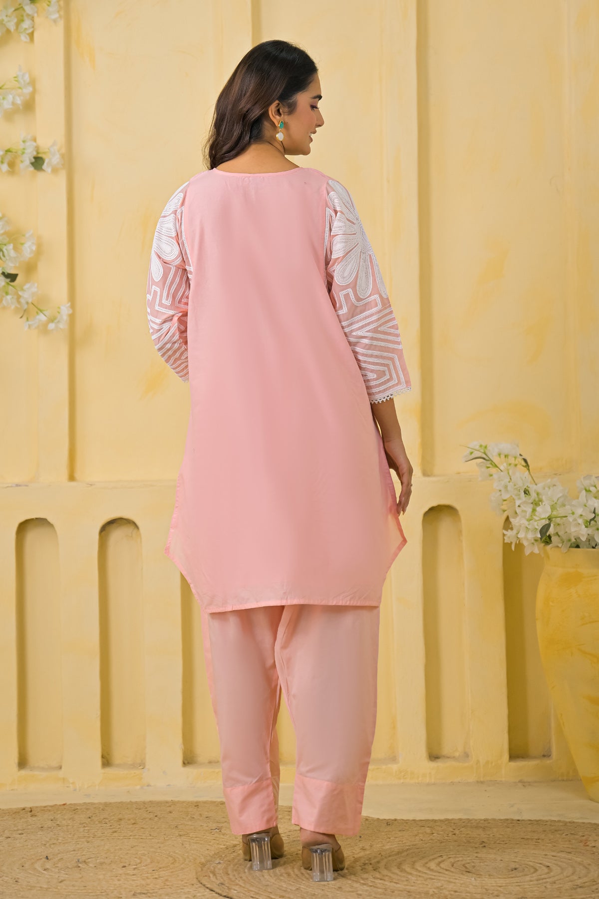 Peach Cotton Embroidered Farsi Suit Set With Dupatta