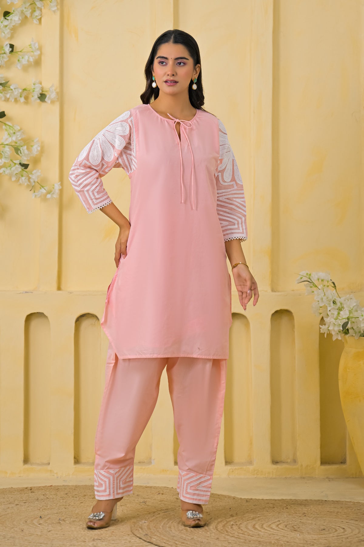 Peach Cotton Embroidered Farsi Suit Set With Dupatta