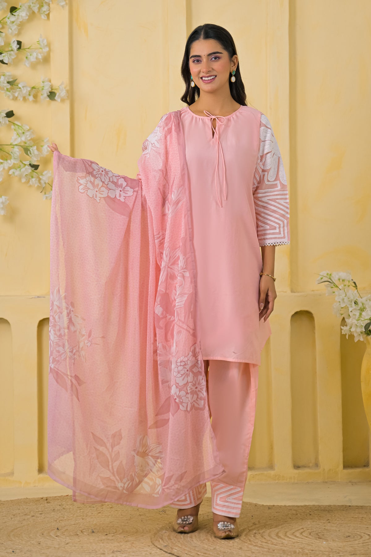 Peach Cotton Embroidered Farsi Suit Set With Dupatta