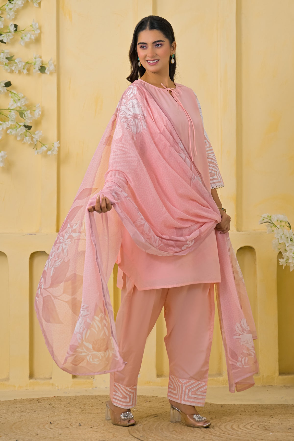 Peach Cotton Embroidered Farsi Suit Set With Dupatta