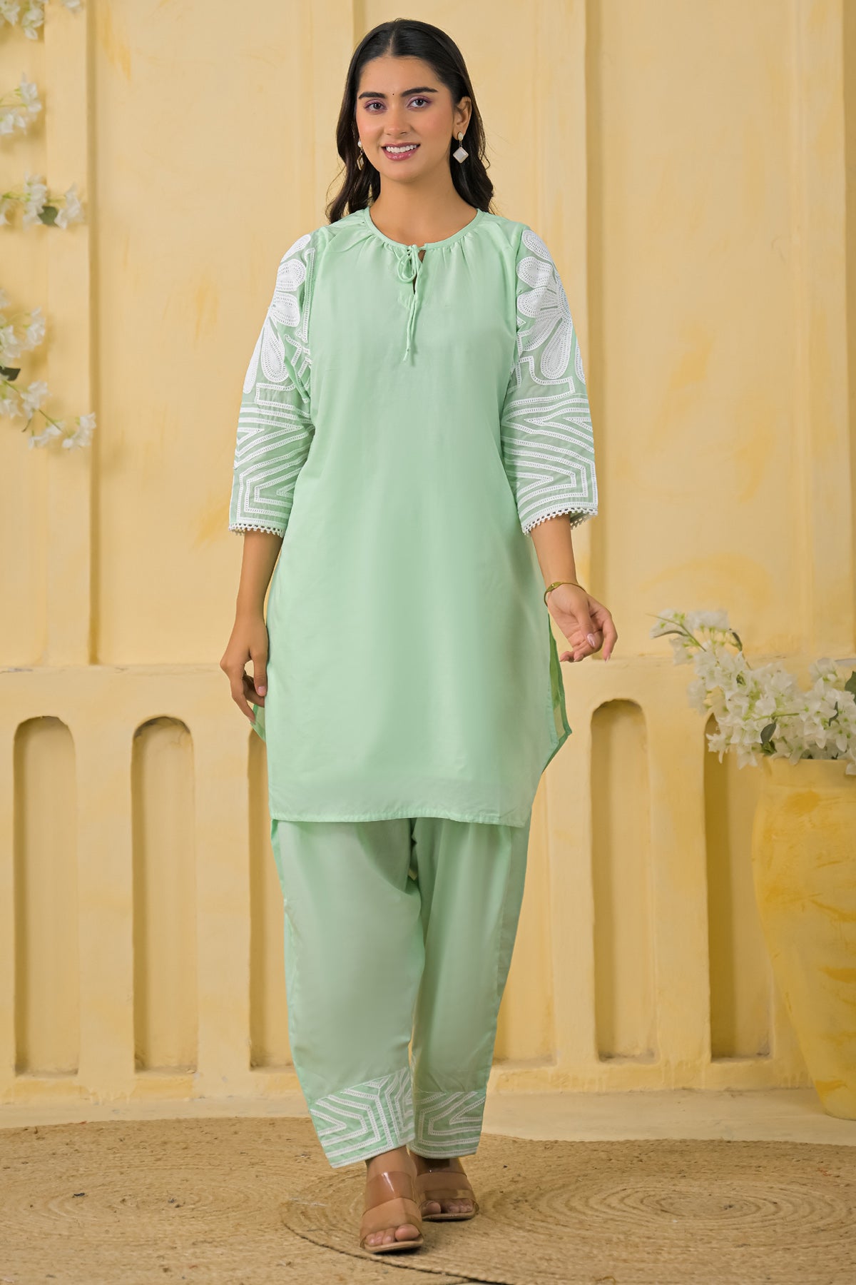 Green Cotton Embroidered Farsi Suit Set With Dupatta