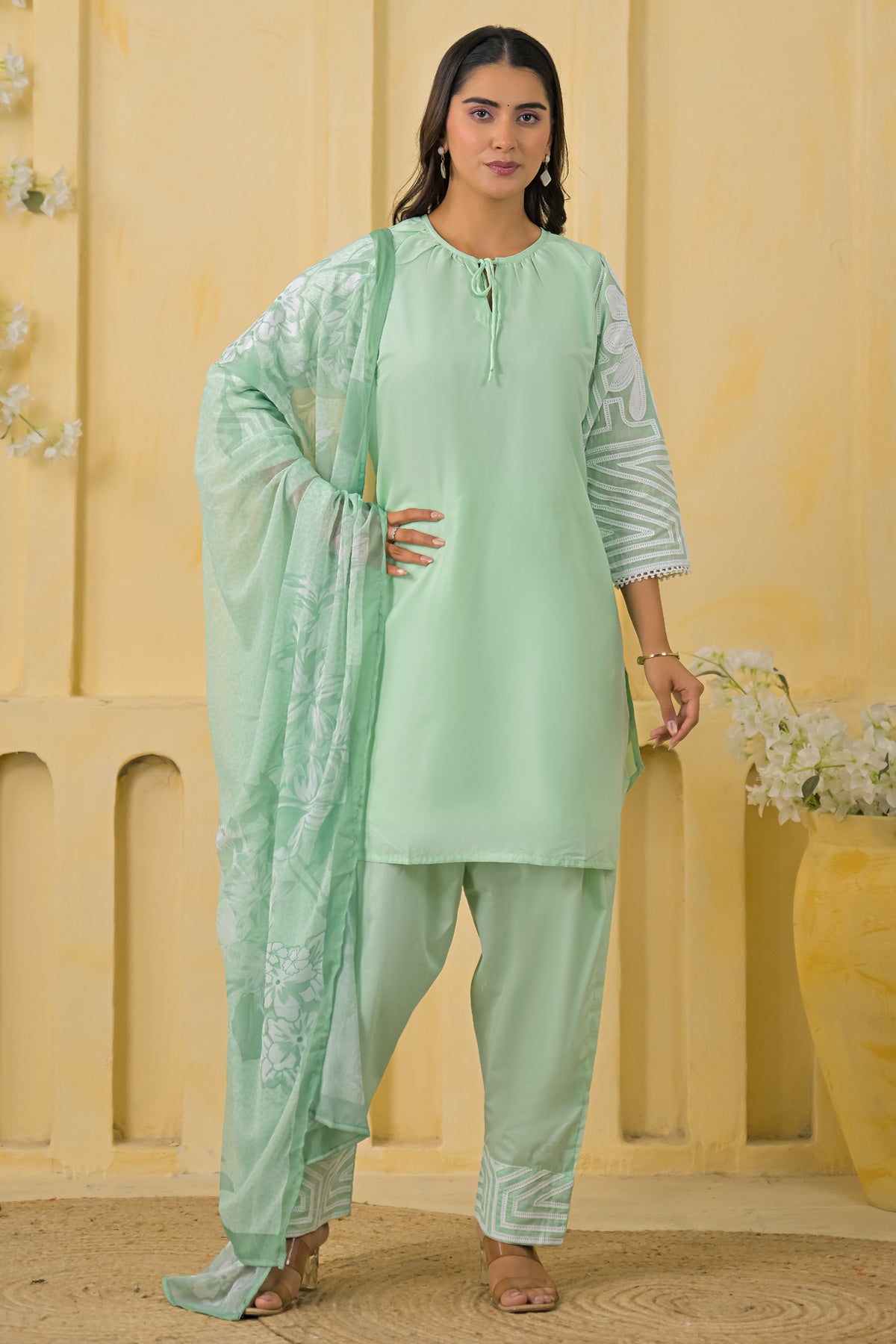 Green Cotton Embroidered Farsi Suit Set With Dupatta