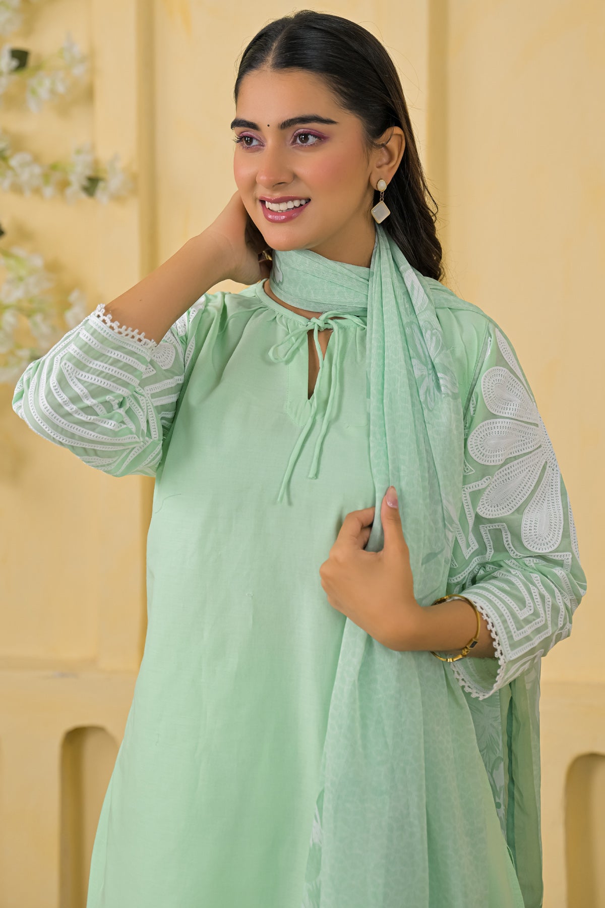 Green Cotton Embroidered Farsi Suit Set With Dupatta