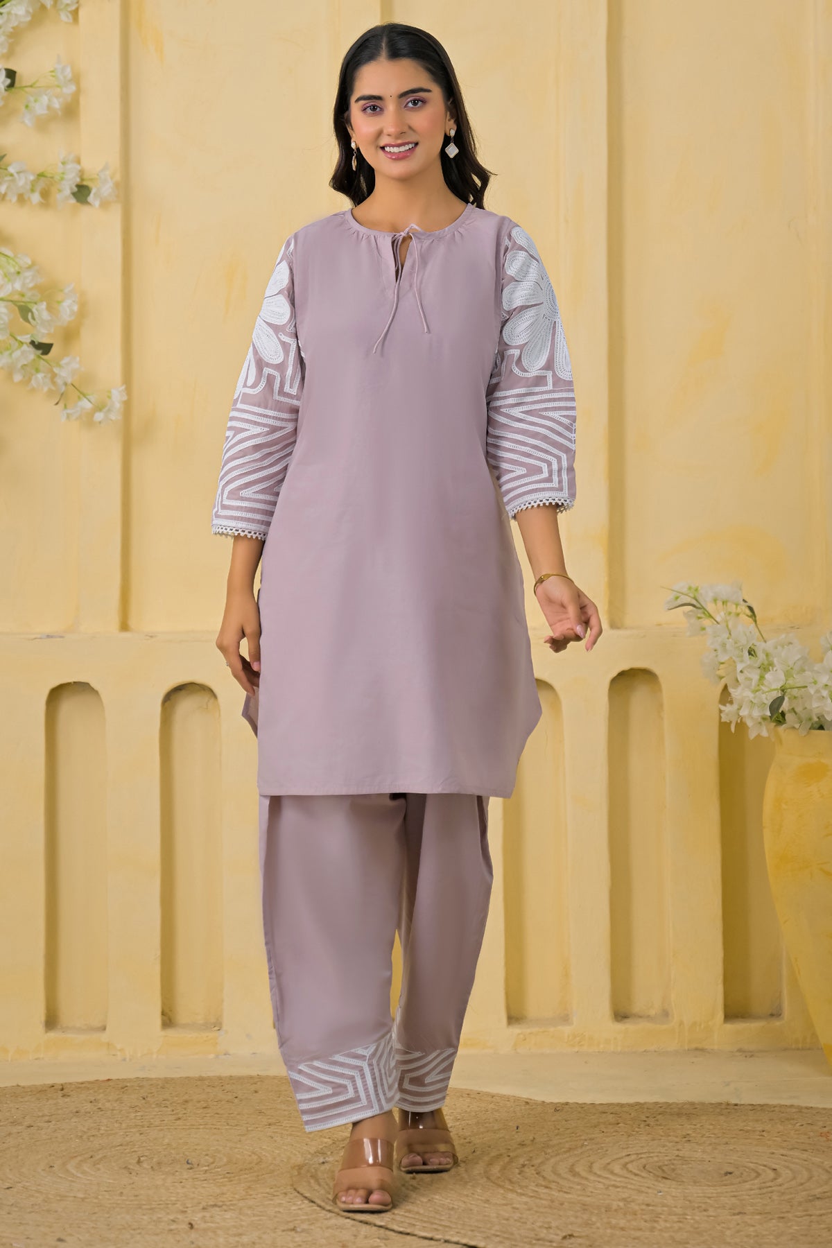 Lilac Cotton Embroidered Farsi Suit Set With Dupatta
